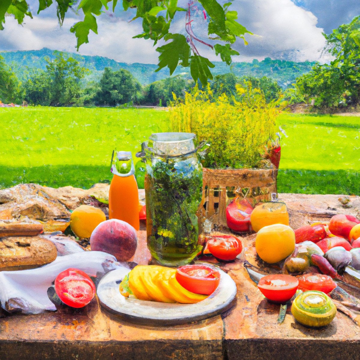 The photo captures a rustic wooden table adorned with an array of colorful fruits and vegetables, including ripe red tomatoes, vibrant green kale, and juicy yellow peaches. A basket of freshly baked whole grain bread sits in the center, surrounded by jars of homemade preserves and a pitcher of ice-cold lemonade. In the background, a lush green field stretches out, hinting at the source of these wholesome, farm-fresh ingredients. The image exudes a sense of health and vitality, inviting readers to indulge in the nourishing foods that will power their workouts and fuel their bodies.
