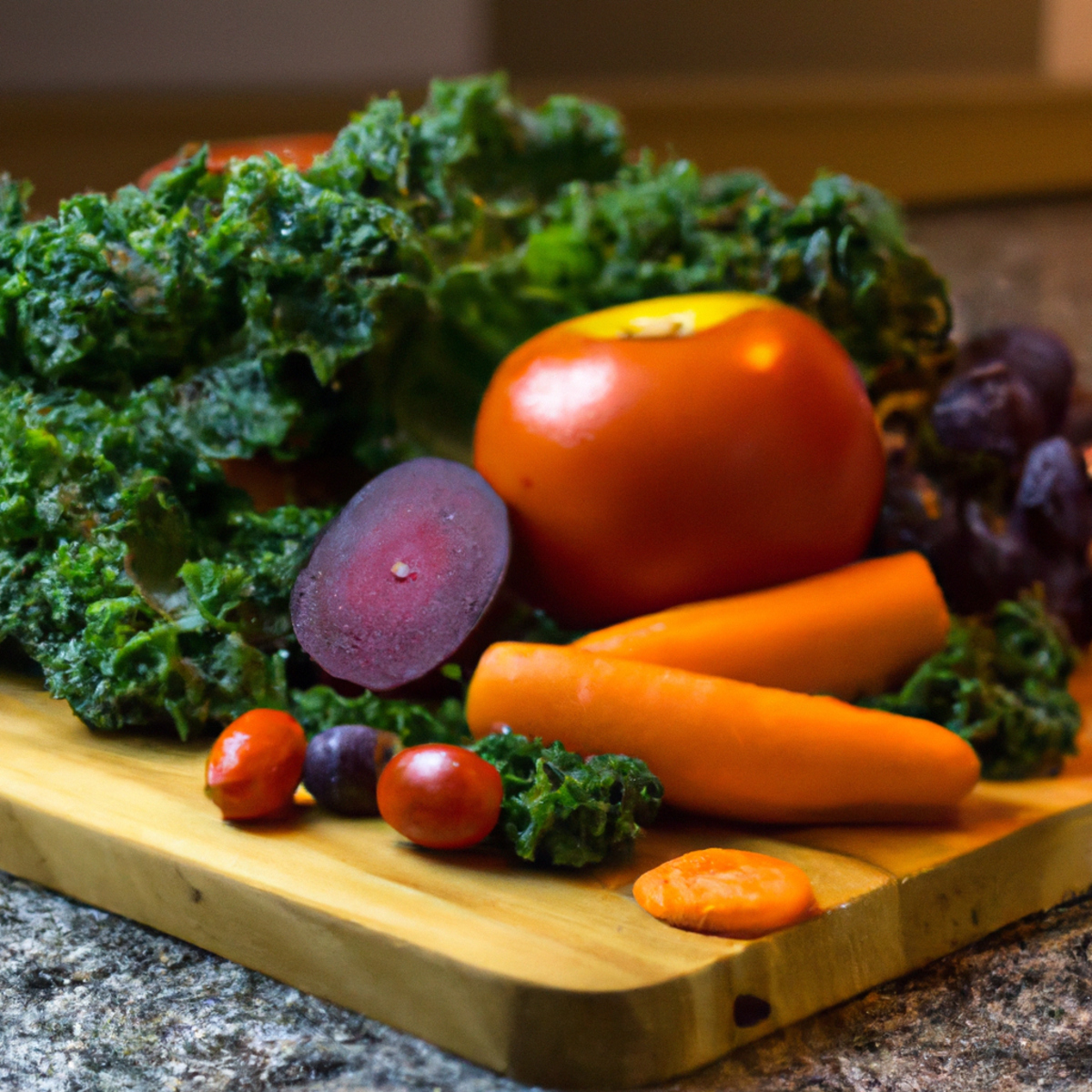 The photo shows a wooden cutting board with a variety of fresh, colorful fruits and vegetables arranged in an artful display. A bright red tomato, a bunch of leafy kale, a cluster of purple grapes, and a handful of bright orange carrots are just a few of the items on the board. The lighting is soft and natural, highlighting the vibrant colors and textures of the produce. In the background, a rustic kitchen with exposed brick walls and a vintage stove can be seen, adding to the organic and wholesome feel of the image.