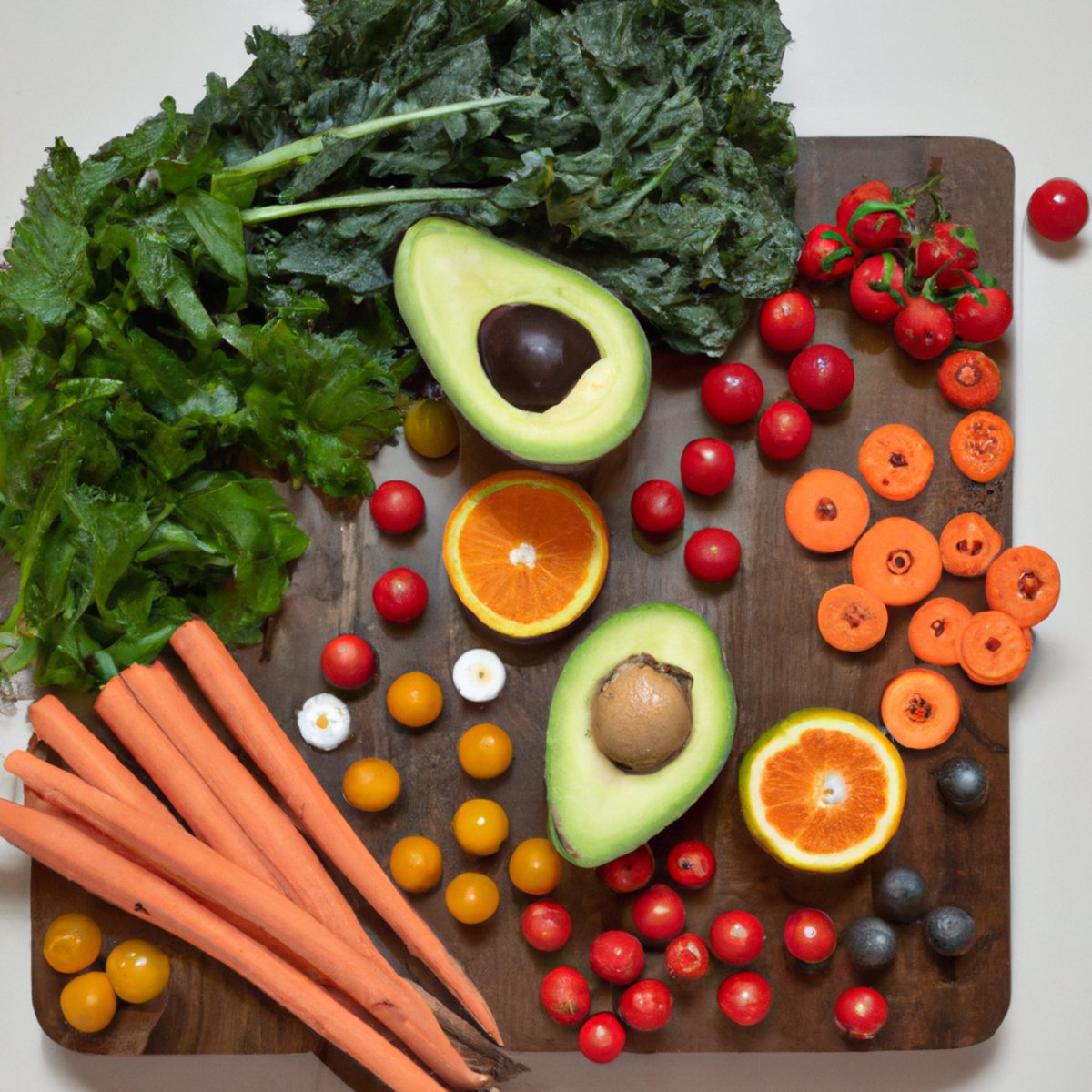 The photo features a wooden cutting board with a variety of colorful fruits and vegetables arranged in an artful display. A ripe avocado, sliced in half, sits next to a pile of bright red cherry tomatoes and a bunch of leafy kale. A vibrant orange carrot and a bunch of crisp green celery sticks add a pop of color to the scene. In the background, a glass jar filled with chia seeds and a small bowl of quinoa can be seen, emphasizing the importance of incorporating nutrient-dense foods into one's diet. The photo is inviting and inspires the reader to experiment with incorporating these functional foods into their meals.