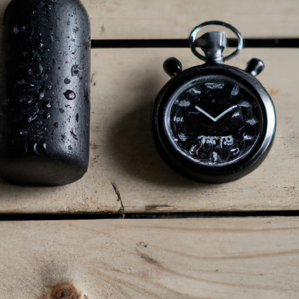 The photo captures a sleek black water bottle, a stopwatch, and a set of weights arranged neatly on a wooden floor. The water bottle is half-full, with droplets of condensation glistening on its surface. The stopwatch displays a time of 00:00, ready to be used for timing workouts. The weights are evenly spaced, with the largest one in the center, and appear to be waiting for someone to pick them up and start lifting. The lighting is bright and natural, casting a warm glow on the objects and highlighting their textures. The composition of the photo is simple yet effective, conveying the idea of fitness and discipline through the carefully chosen objects.