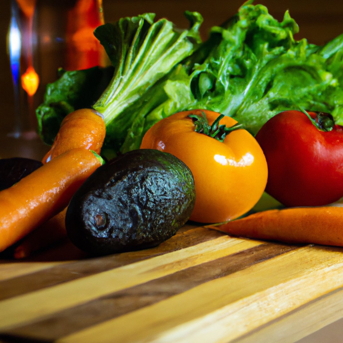 The photo features a wooden cutting board with an array of colorful fruits and vegetables arranged in an artful display. A ripe avocado, juicy red tomatoes, crisp green lettuce, and vibrant orange carrots are just a few of the organic foods showcased. The natural textures and colors of the produce are highlighted by the soft lighting, making the viewer's mouth water in anticipation of a healthy meal.