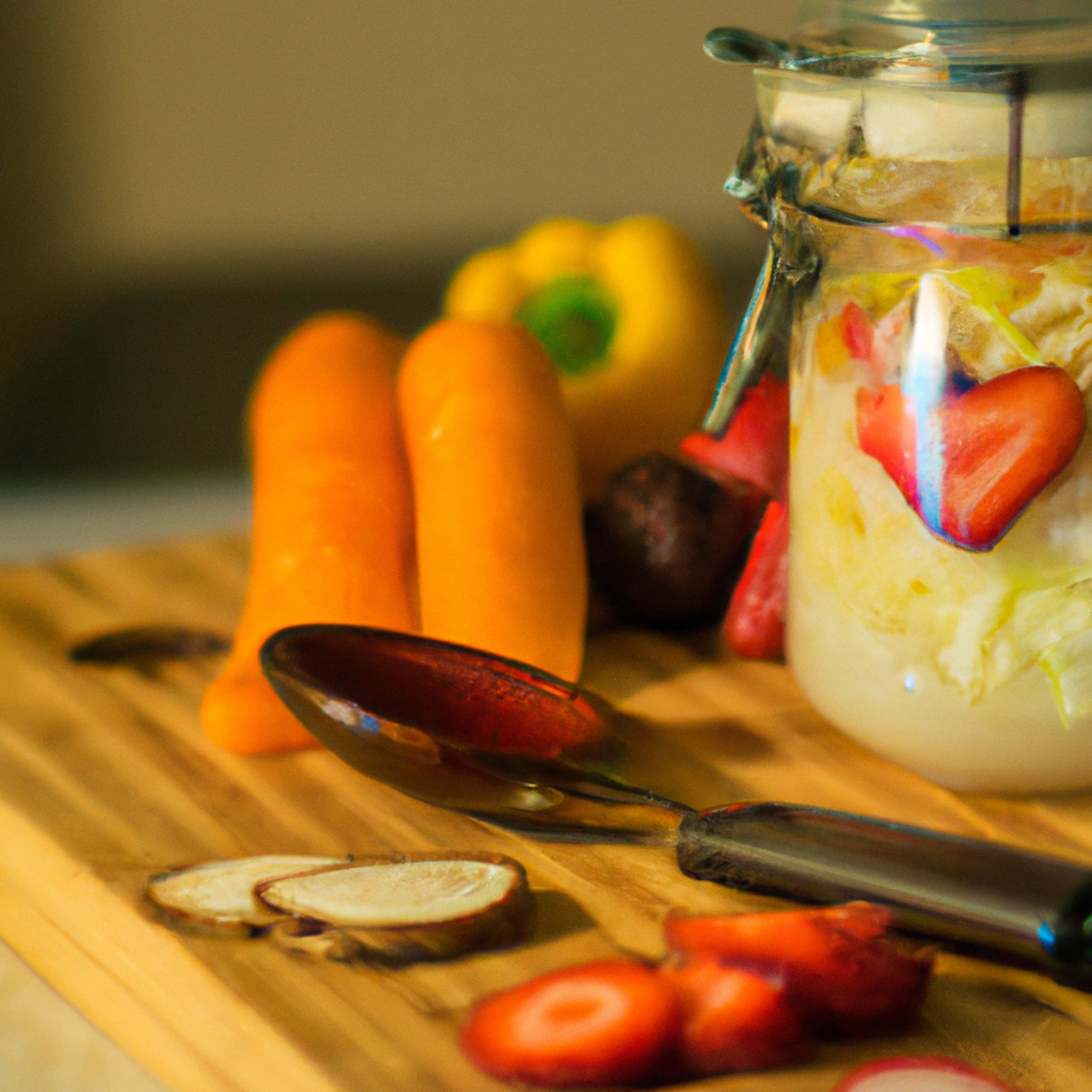 The photo features a wooden cutting board with a variety of colorful fruits and vegetables, including sliced carrots, bell peppers, and strawberries. In the center of the board sits a small glass jar filled with homemade probiotic-rich sauerkraut. A spoon rests on the side of the jar, ready to scoop out a serving. The background is blurred, but hints of a kitchen can be seen, with a stainless steel refrigerator and a wooden countertop visible. The photo captures the essence of the article, showcasing the natural and healthy ingredients that can be used to create probiotic-rich foods for optimal gut health.
