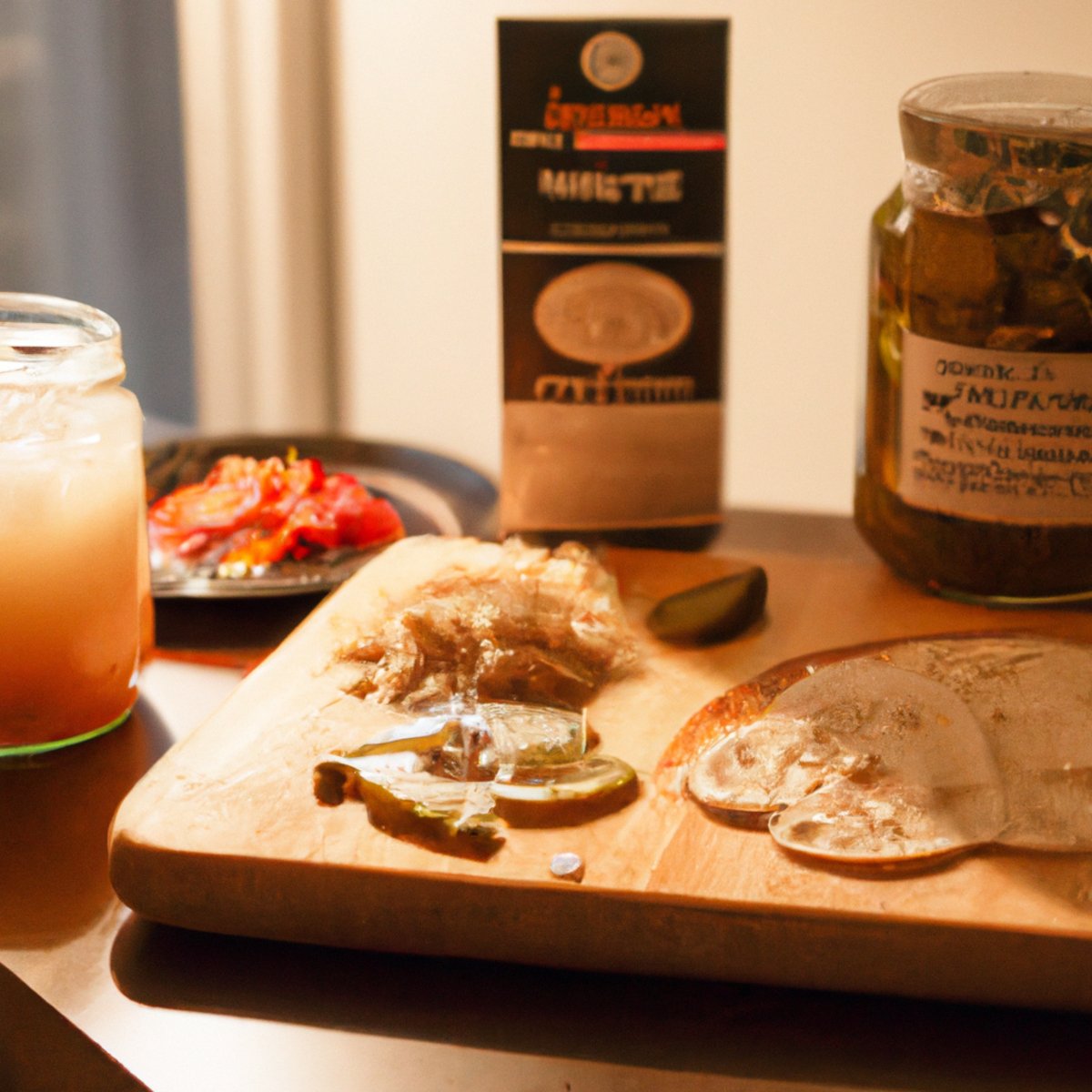 The photo depicts a wooden cutting board with various foods arranged on it, including yogurt, sauerkraut, kimchi, and pickles. A glass jar of kombucha sits next to the board. The foods are arranged in a way that highlights their probiotic content, with labels indicating the specific strains of bacteria present in each. The lighting is warm and natural, giving the photo a cozy, inviting feel.