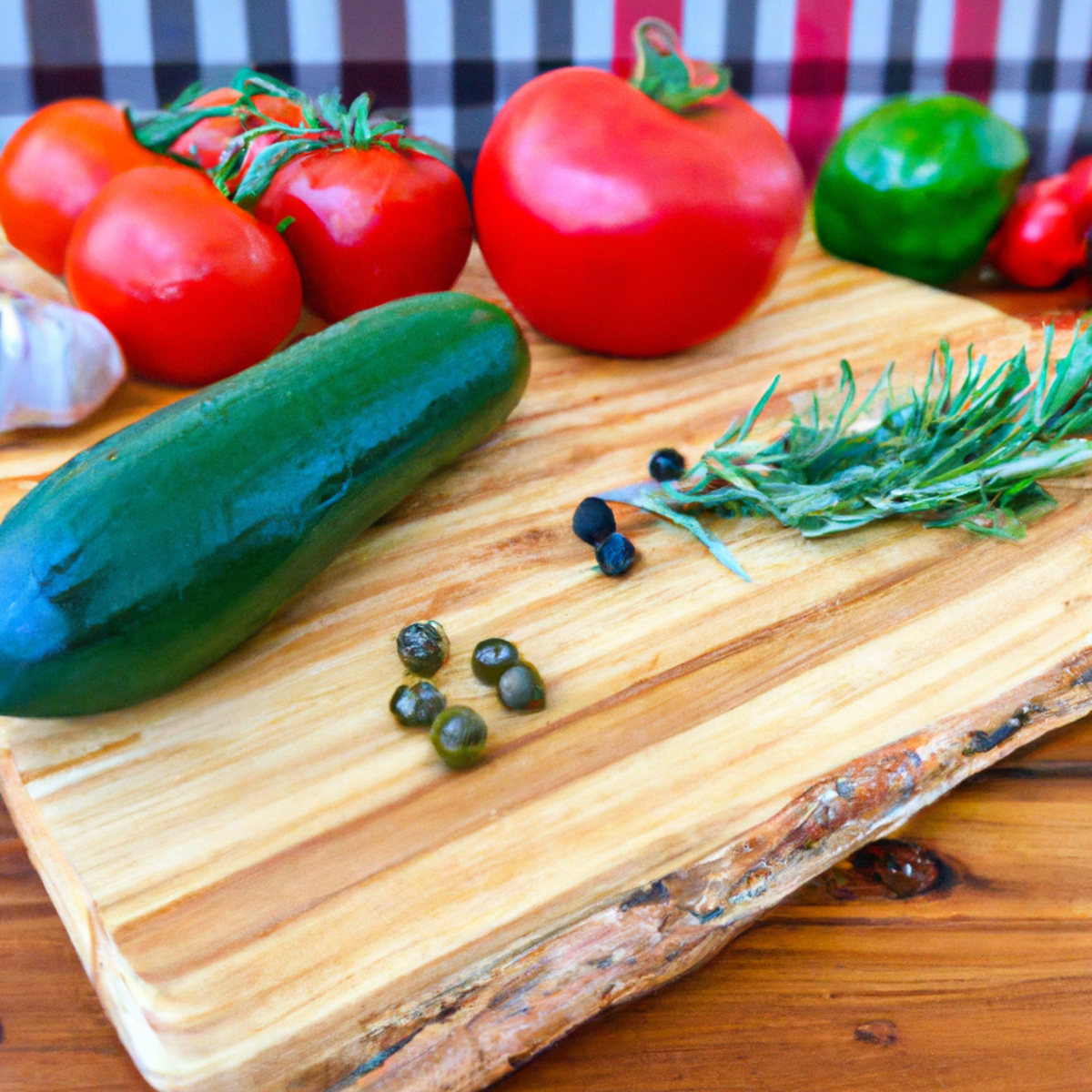 The photo features a wooden cutting board with a colorful array of fresh ingredients arranged neatly on top. A ripe tomato, vibrant red bell pepper, crisp cucumber, and fragrant garlic cloves are all prominently displayed. A sprig of fresh rosemary and a handful of bright green olives add a pop of color and texture to the scene. In the background, a rustic kitchen with a stone countertop and a vintage mortar and pestle can be seen, hinting at the traditional cooking methods used in Mediterranean cuisine. The photo captures the essence of the article's message: that nourishing your body with fresh, whole foods is easy and delicious with the Mediterranean diet.