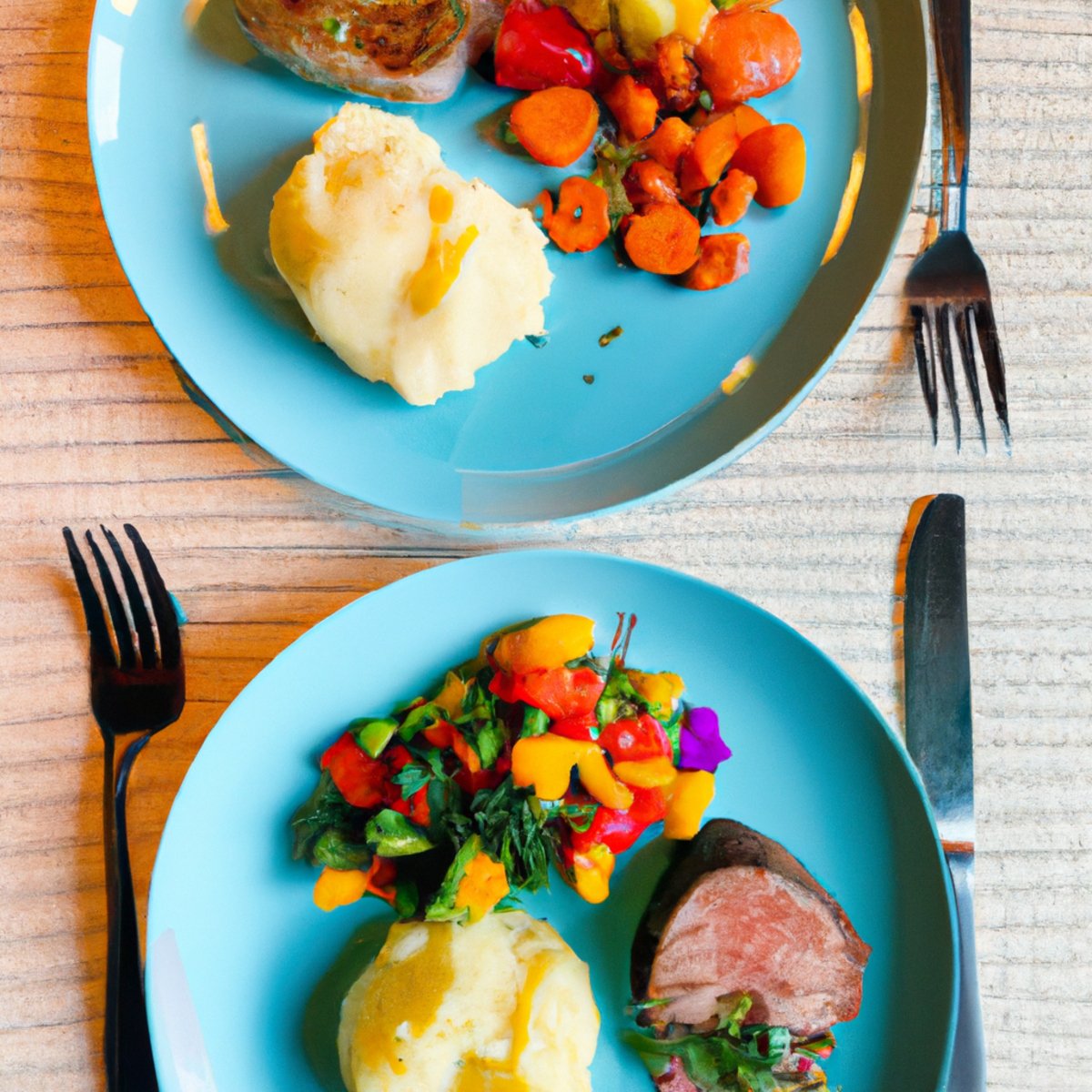 The photo shows two plates side by side, one filled with colorful fruits and vegetables, and the other with a juicy steak and a side of mashed potatoes. The vibrant colors of the plant-based plate pop against the neutral tones of the meat-based plate. A fork and knife are placed on each plate, ready to be used. In the background, a wooden table and a white tablecloth can be seen, adding a touch of elegance to the scene. The photo perfectly captures the debate between plant-based and carnivorous diets, showcasing the stark contrast between the two options.