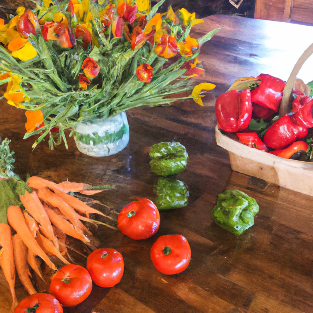 The photo captures a rustic wooden table adorned with an array of vibrant farm-to-table produce. A basket of freshly picked heirloom tomatoes sits next to a bowl of crisp green beans, while a bouquet of fragrant herbs adds a pop of color. A trio of colorful bell peppers and a bunch of bright carrots complete the scene, showcasing the beauty and diversity of locally sourced produce. The natural light streaming in from a nearby window highlights the textures and colors of each item, inviting the viewer to savor the freshness and flavor of farm-to-table eating.