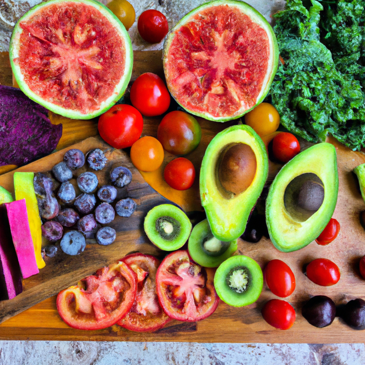 The photo captures a wooden cutting board with an array of colorful fruits and vegetables arranged in a visually appealing manner. A ripe avocado, sliced into halves, sits next to a pile of bright red cherry tomatoes. A bunch of leafy kale is neatly stacked next to a cluster of vibrant purple grapes. A few slices of juicy watermelon and a handful of blueberries complete the picture. The natural lighting highlights the textures and colors of the produce, making them look fresh and inviting. The photo perfectly captures the essence of functional eating, showcasing the importance of incorporating nutrient-dense foods into one's diet.