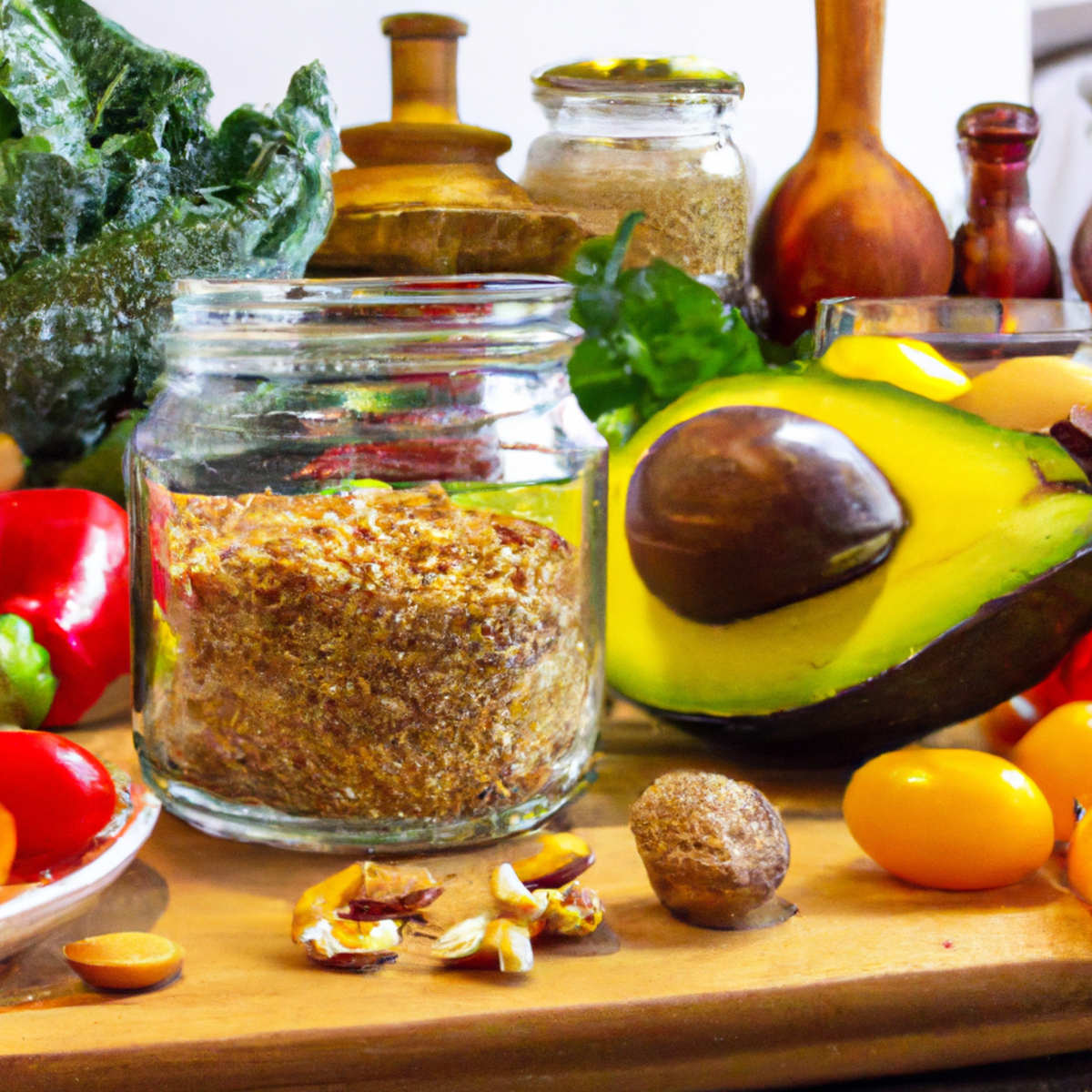 The photo features a colorful array of fresh fruits and vegetables arranged on a wooden cutting board. A ripe avocado, juicy tomatoes, crisp bell peppers, and leafy greens are just a few of the vibrant ingredients on display. In the background, a glass jar filled with quinoa and a small bowl of nuts add to the wholesome feel of the image. The natural lighting highlights the textures and colors of the produce, making it look almost too good to eat. This photo perfectly captures the essence of a plant-based diet and its emphasis on nourishing, whole foods.