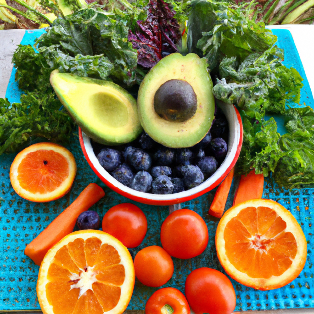 The photo captures a colorful array of fruits and vegetables arranged in a beautiful display. A ripe red tomato sits next to a vibrant orange carrot, while a bunch of leafy green kale is nestled in between. A bowl of juicy blueberries and a sliced avocado add pops of blue and green to the mix. The objects are arranged in a way that highlights their natural beauty and showcases the variety of functional foods that can help reverse chronic diseases. The photo is a visual representation of the power of these foods to nourish and heal the body.