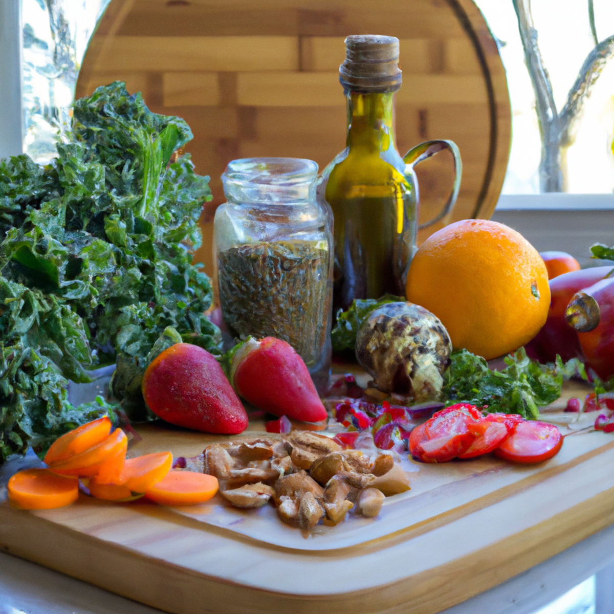 The photo features a wooden cutting board with an array of colorful fruits and vegetables, including bright red strawberries, vibrant orange carrots, and deep green kale. A glass jar filled with quinoa sits next to the board, while a small dish of sliced almonds and a bottle of olive oil complete the scene. The natural lighting highlights the freshness of the ingredients, making them look almost too good to eat. The composition of the photo suggests a balanced and wholesome approach to eating, emphasizing the importance of incorporating gluten-free foods into a healthy lifestyle.