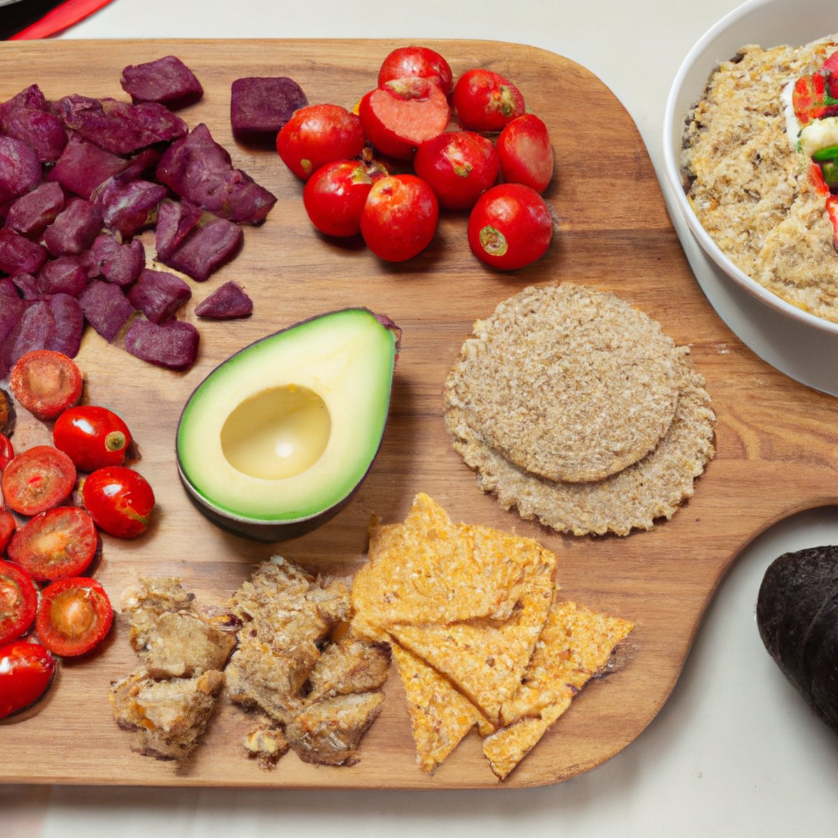 The photo features a wooden cutting board with an assortment of gluten-free foods arranged in an aesthetically pleasing manner. In the center of the board is a pile of quinoa, surrounded by sliced avocado, cherry tomatoes, and diced red onion. To the left of the quinoa is a small bowl of hummus with a few gluten-free crackers arranged around it. On the right side of the board, there is a plate of grilled chicken breast with a side of roasted sweet potatoes and green beans. The colors of the foods are vibrant and inviting, making the viewer eager to try these delicious and healthy gluten-free options.