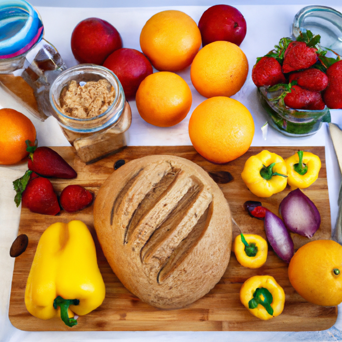 The photo features a wooden cutting board with a variety of gluten-free foods arranged neatly on top. In the center of the board is a freshly baked loaf of gluten-free bread, sliced and ready to be enjoyed. Surrounding the bread are colorful fruits and vegetables, including ripe strawberries, juicy oranges, and crisp bell peppers. A jar of almond butter and a container of hummus sit nearby, perfect for spreading on the bread or dipping the veggies. The scene is bathed in natural light, highlighting the vibrant colors and textures of the food. This photo perfectly captures the delicious and nutritious options available when switching to a gluten-free diet.
