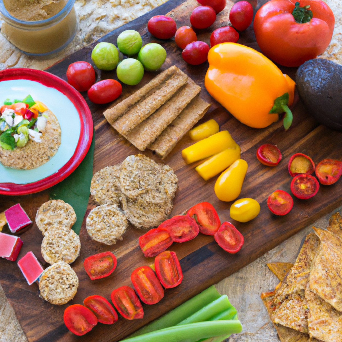 The photo features a wooden cutting board with an assortment of gluten-free foods arranged in an artful display. In the center of the board is a pile of quinoa, surrounded by colorful vegetables such as bell peppers, cherry tomatoes, and sliced avocado. A small dish of hummus sits nearby, with gluten-free crackers and rice cakes arranged around it. In the background, a glass of sparkling water with a slice of lemon adds a refreshing touch. The photo captures the essence of a balanced and healthy gluten-free diet, with a focus on fresh, whole foods.