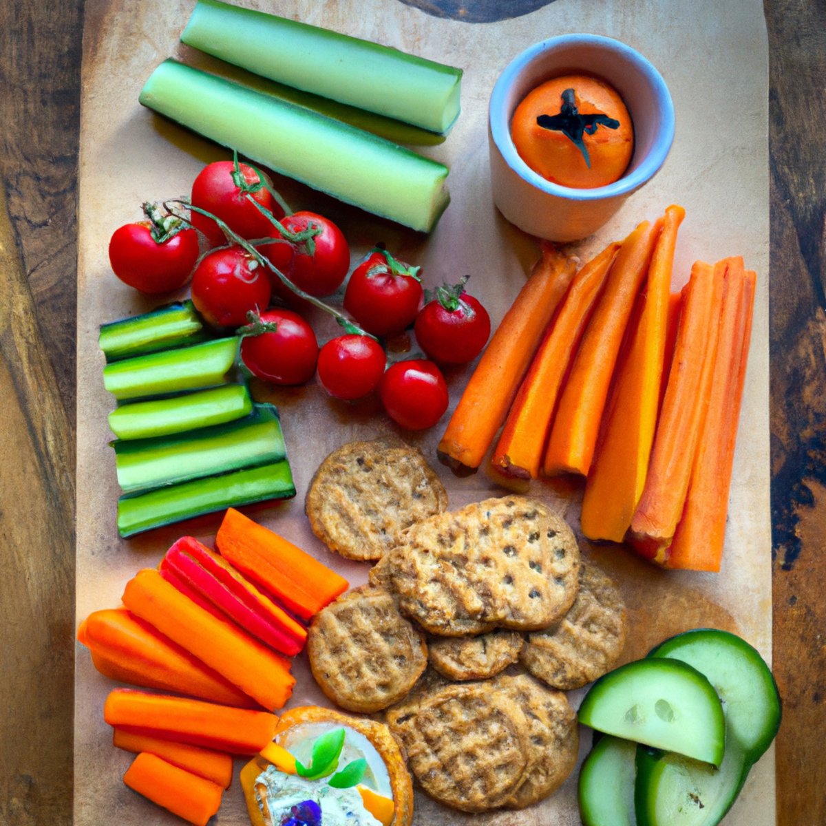 The photo features a wooden cutting board with an array of gluten-free foods arranged in an artful display. In the center of the board sits a bowl of vibrant red cherry tomatoes, surrounded by slices of crisp green cucumber and bright orange carrots. A wedge of creamy avocado rests nearby, while a handful of crunchy gluten-free crackers and a small dish of hummus add texture and depth to the scene. A sprig of fresh herbs adds a pop of green, and the natural wood grain of the cutting board provides a warm, rustic backdrop. The photo captures the essence of healthy, wholesome eating, and invites the viewer to explore the world of gluten-free cuisine.