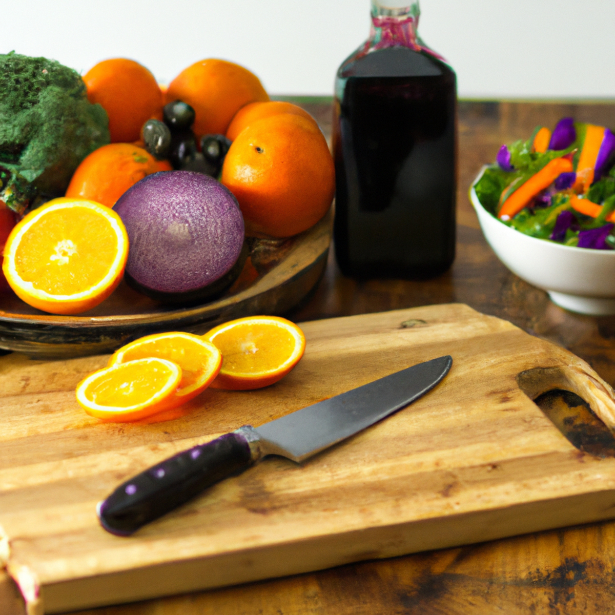 The photo depicts a colorful array of fresh fruits and vegetables arranged on a wooden cutting board. The vibrant hues of the produce, including deep greens, bright oranges, and rich purples, are striking against the natural wood backdrop. A sharp knife and a small bowl of olive oil sit nearby, suggesting the preparation of a healthy meal. The image captures the essence of a whole-food plant-based diet, emphasizing the importance of consuming nutrient-dense, unprocessed foods to promote natural healing and wellness.