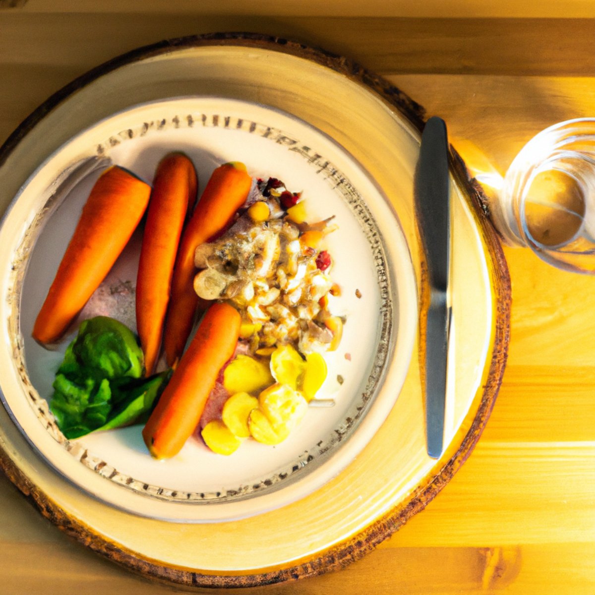 The photo shows a wooden table with a plate of food, a glass of water, and a stopwatch. The plate contains a colorful assortment of fruits, vegetables, and lean protein, indicating a healthy meal choice. The stopwatch suggests the concept of time-restricted eating, a common practice during intermittent fasting. The lighting is natural and warm, creating a cozy and inviting atmosphere. Overall, the photo conveys the idea of mindful and intentional eating habits that can positively impact the body during intermittent fasting.