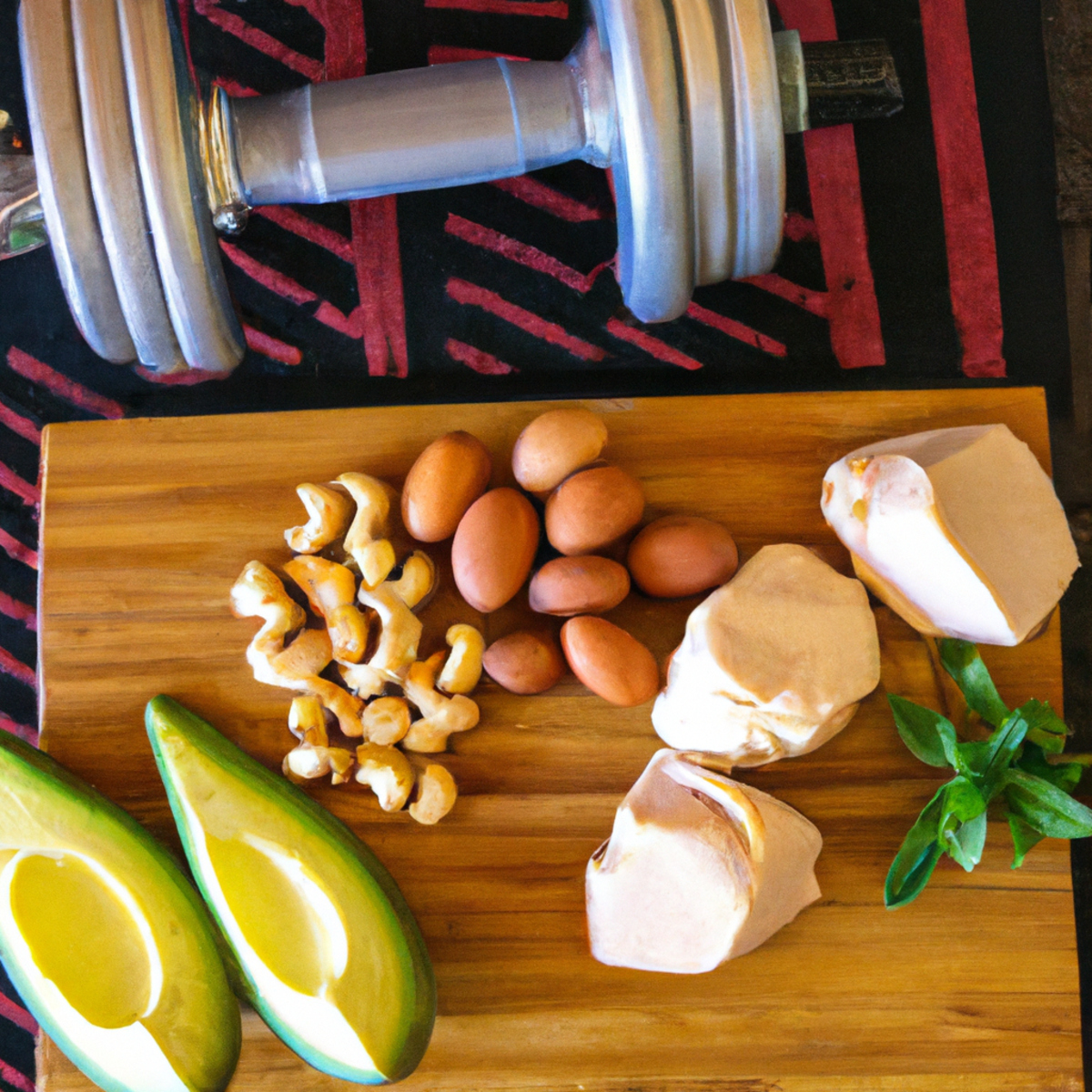 The photo shows a wooden cutting board with various keto-friendly foods arranged on it. There are slices of avocado, grilled chicken breast, hard-boiled eggs, and a small bowl of mixed nuts. In the background, there is a set of dumbbells and a yoga mat, suggesting the importance of exercise in conjunction with the keto diet. The lighting is bright and natural, highlighting the vibrant colors of the food. Overall, the photo conveys a sense of health and wellness, encouraging readers to adopt a keto diet and exercise routine for weight loss and improved fitness.