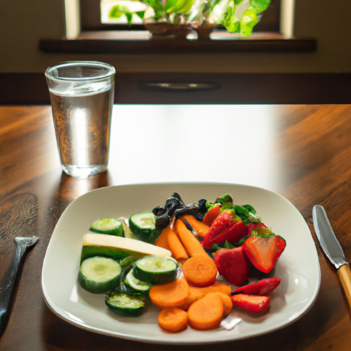 The photo shows a wooden table with a plate of food in the center. The plate contains a colorful assortment of fruits and vegetables, including sliced strawberries, blueberries, carrots, and cucumbers. A glass of water sits next to the plate, with a fork and knife placed neatly on either side. In the background, a window lets in natural light, casting a warm glow over the scene. The photo captures the essence of healthy eating and the benefits of intermittent fasting for boosting metabolism.