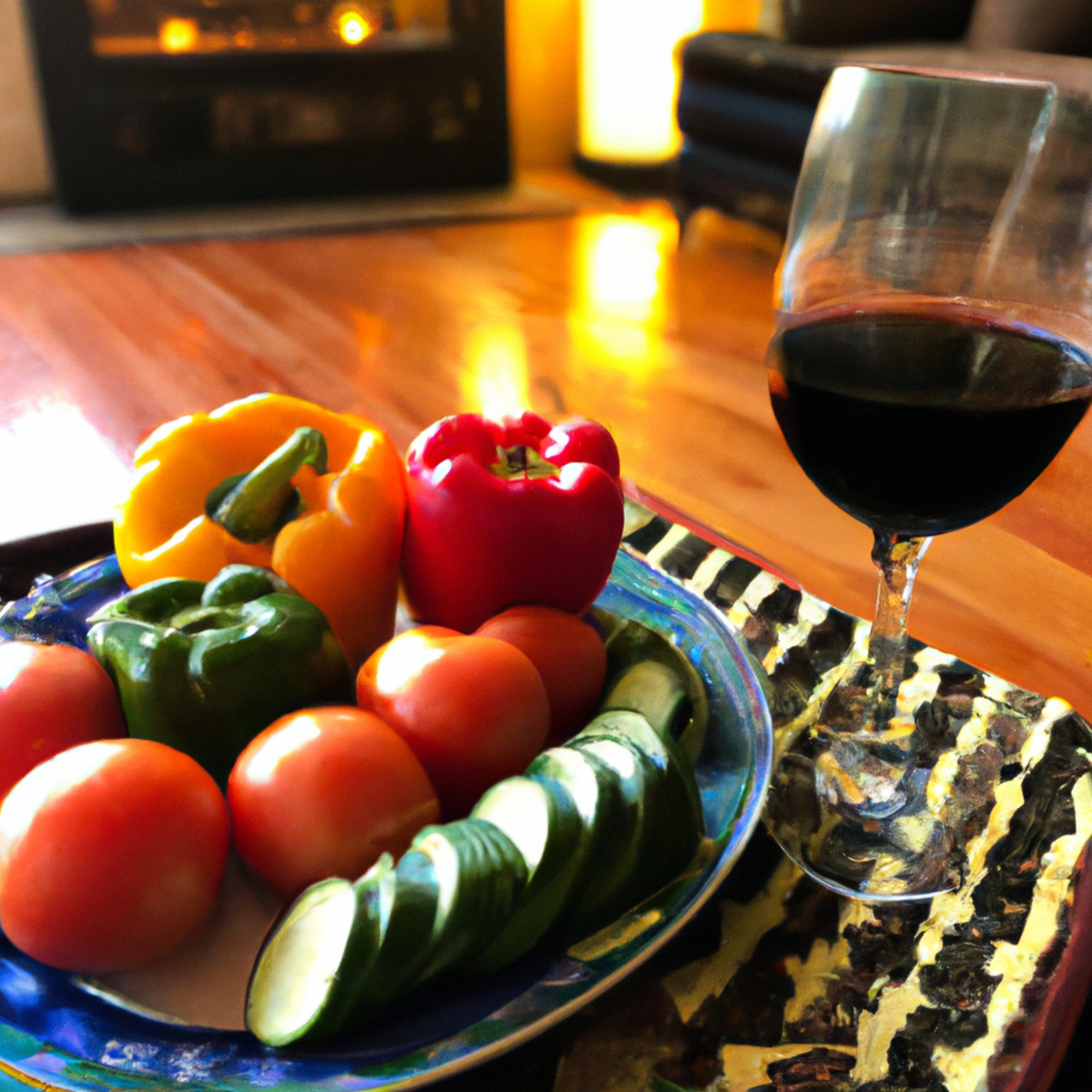 The photo features a wooden table with a plate of colorful vegetables, including tomatoes, cucumbers, and bell peppers, arranged in a visually appealing manner. A glass of red wine sits beside the plate, adding a touch of elegance to the scene. In the background, a pair of running shoes and a yoga mat are visible, emphasizing the importance of exercise in maintaining a healthy lifestyle. The natural lighting and vibrant colors of the vegetables create a warm and inviting atmosphere, encouraging readers to adopt the Mediterranean diet and exercise routine.