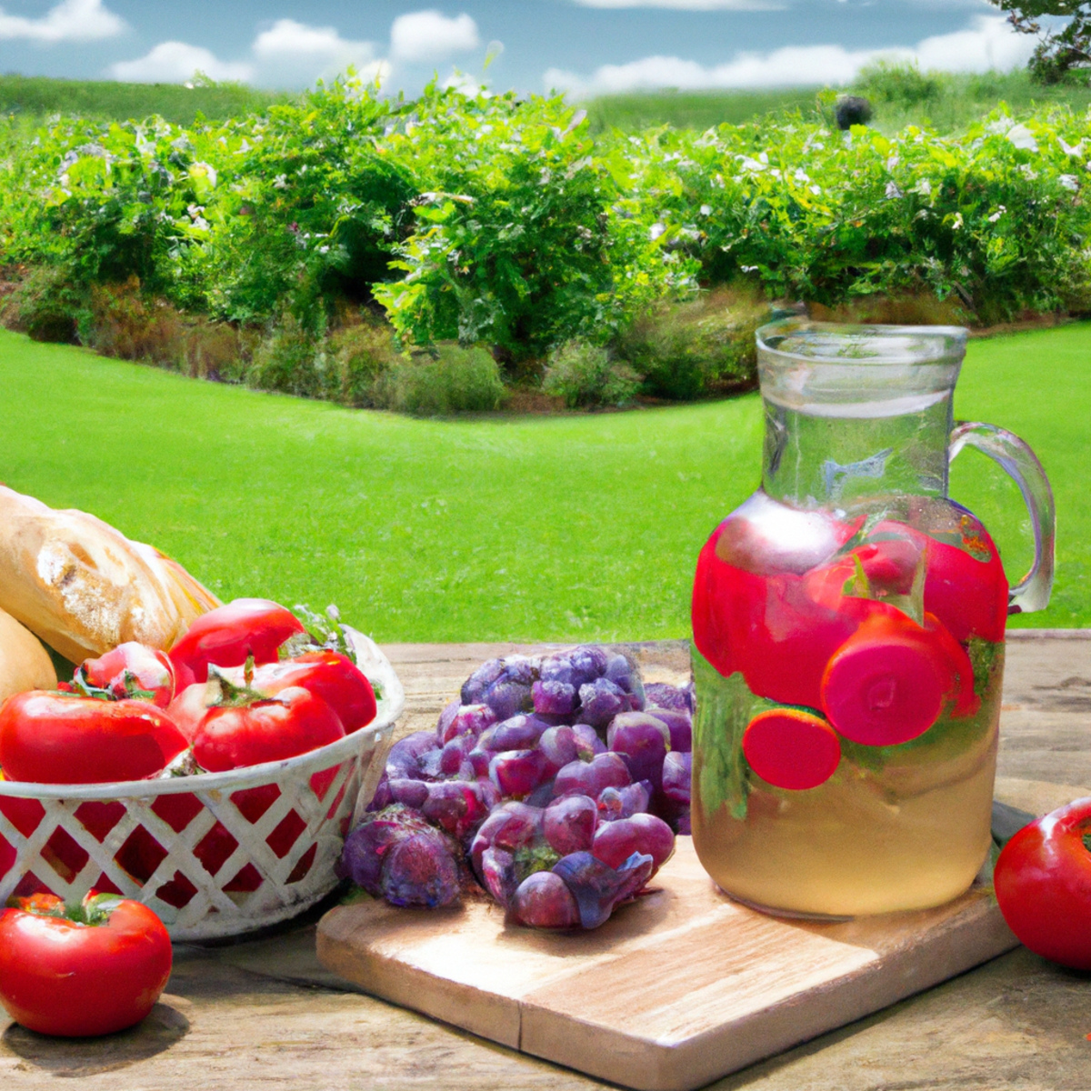 The photo captures a rustic wooden table adorned with an array of fresh produce, including vibrant red tomatoes, leafy greens, and plump purple grapes. A wicker basket filled with freshly baked bread sits in the center, while a pitcher of ice-cold water and a mason jar of homemade lemonade complete the scene. In the background, a lush green field stretches out, hinting at the source of these wholesome ingredients. The photo exudes a sense of simplicity and naturalness, inviting the viewer to embrace the farm-to-table lifestyle and all its health benefits.