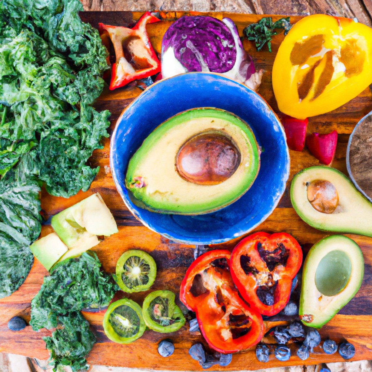 The photo captures a colorful array of superfoods arranged on a wooden cutting board. In the center, a ripe avocado is sliced open, revealing its creamy green flesh. Surrounding it are vibrant red and yellow bell peppers, sliced into thin strips, and a handful of bright green kale leaves. A small bowl of antioxidant-rich blueberries sits off to the side, while a sprinkle of chia seeds adds a crunchy texture to the mix. The photo exudes health and vitality, inviting the reader to explore the transformative power of these natural superfoods.