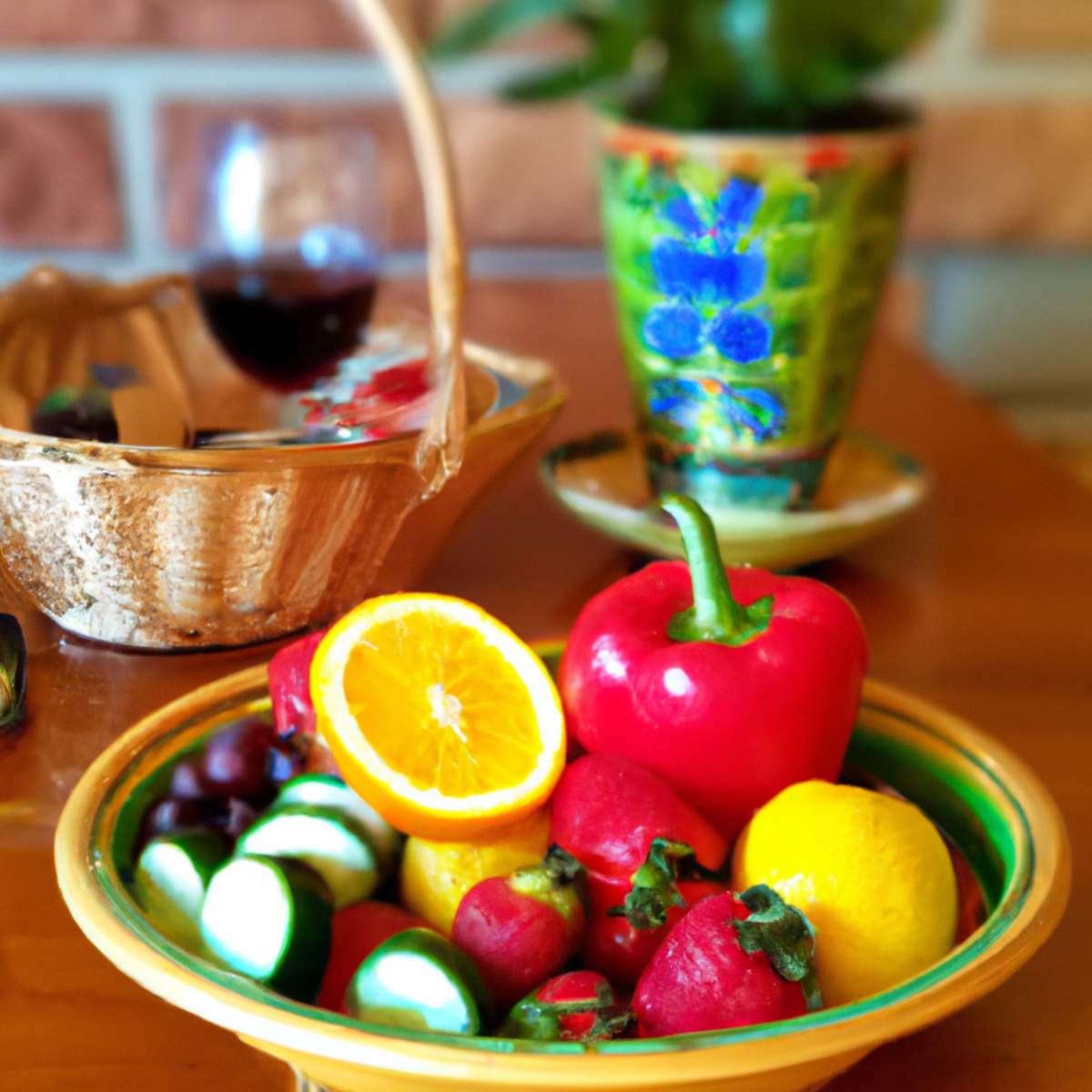 The photo features a wooden table with a plate of colorful fruits, including sliced oranges, strawberries, and grapes. Next to the plate is a glass of red wine and a small bowl of olives. In the background, there is a basket of fresh vegetables, such as tomatoes, cucumbers, and bell peppers. The natural lighting highlights the vibrant colors of the food, making it look appetizing and healthy. The composition of the photo suggests a balanced and nutritious meal, which is a key component of the Mediterranean diet.