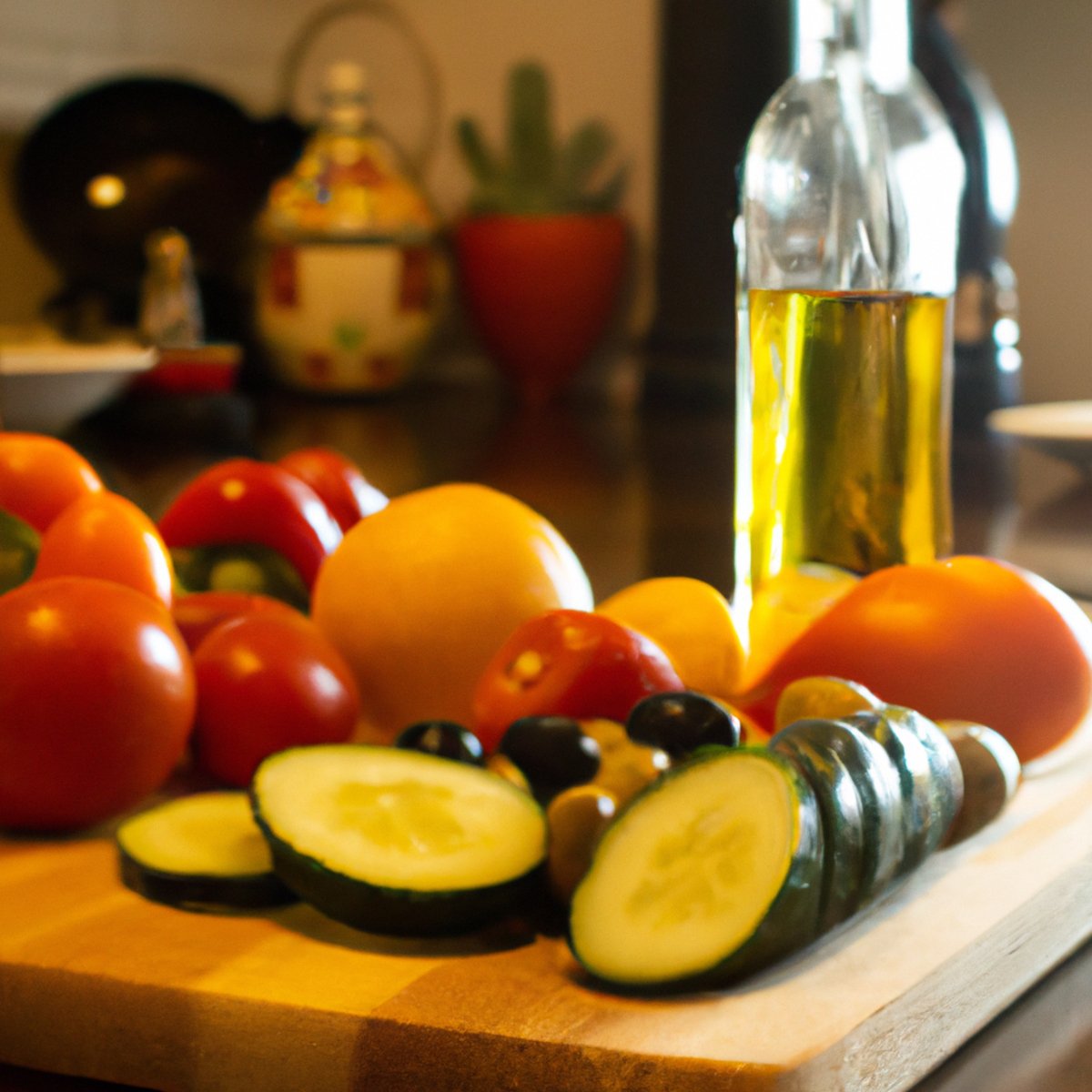 The photo shows a wooden cutting board with a variety of colorful fruits and vegetables arranged neatly on top. There are ripe tomatoes, crisp cucumbers, vibrant bell peppers, and juicy oranges. In the background, a glass jar filled with olives and a bottle of olive oil can be seen. The natural lighting highlights the freshness of the produce and the healthy choices that can be made with the Mediterranean diet.