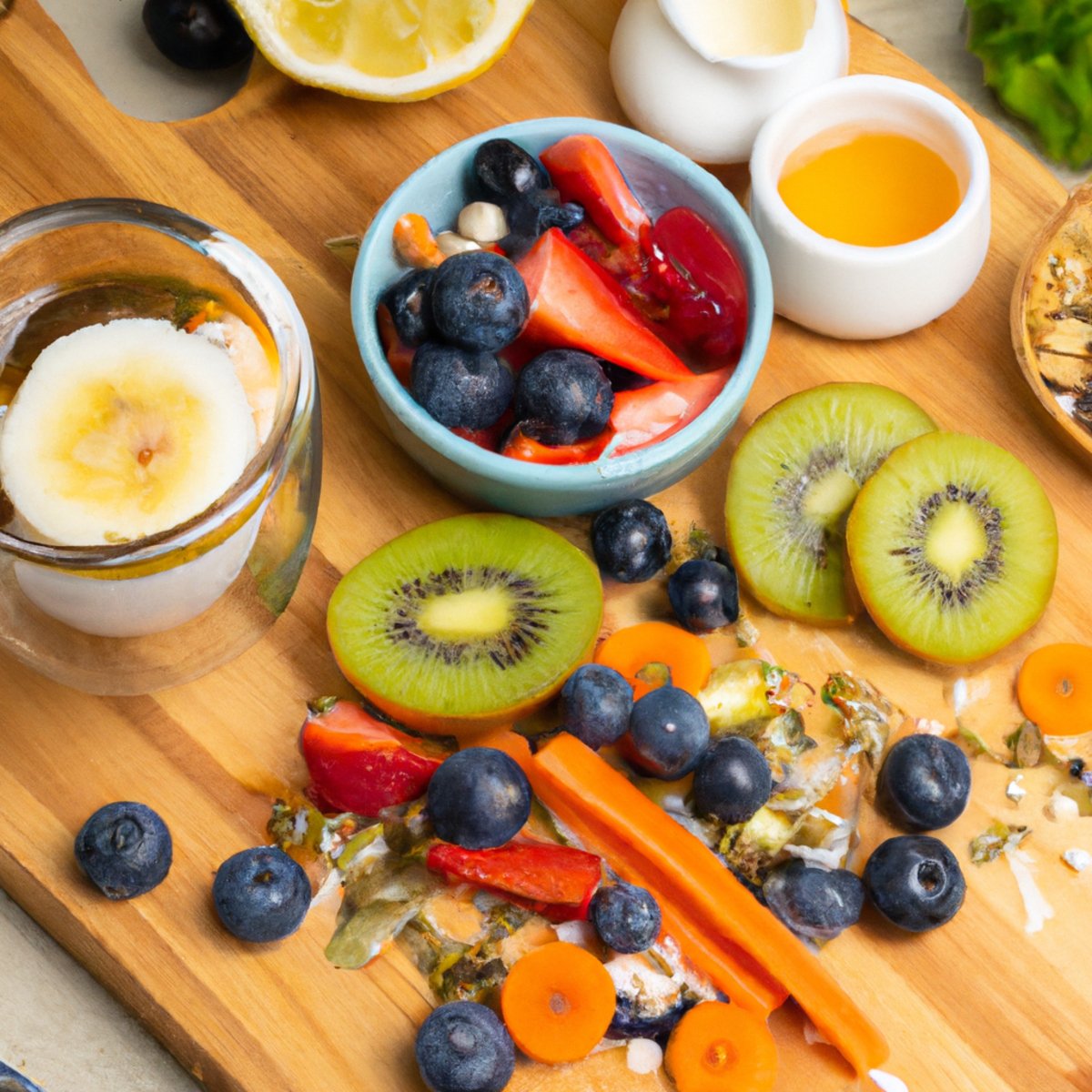 The photo features a wooden cutting board with a variety of colorful fruits and vegetables, including sliced kiwi, strawberries, blueberries, and carrots. In the center of the board is a small dish filled with probiotic-rich yogurt, topped with a sprinkle of granola and a drizzle of honey. A glass of water with lemon slices sits beside the board, emphasizing the importance of hydration for gut health. The vibrant colors and fresh ingredients in the photo convey the message that incorporating probiotics into your diet can be both delicious and beneficial for your overall health.