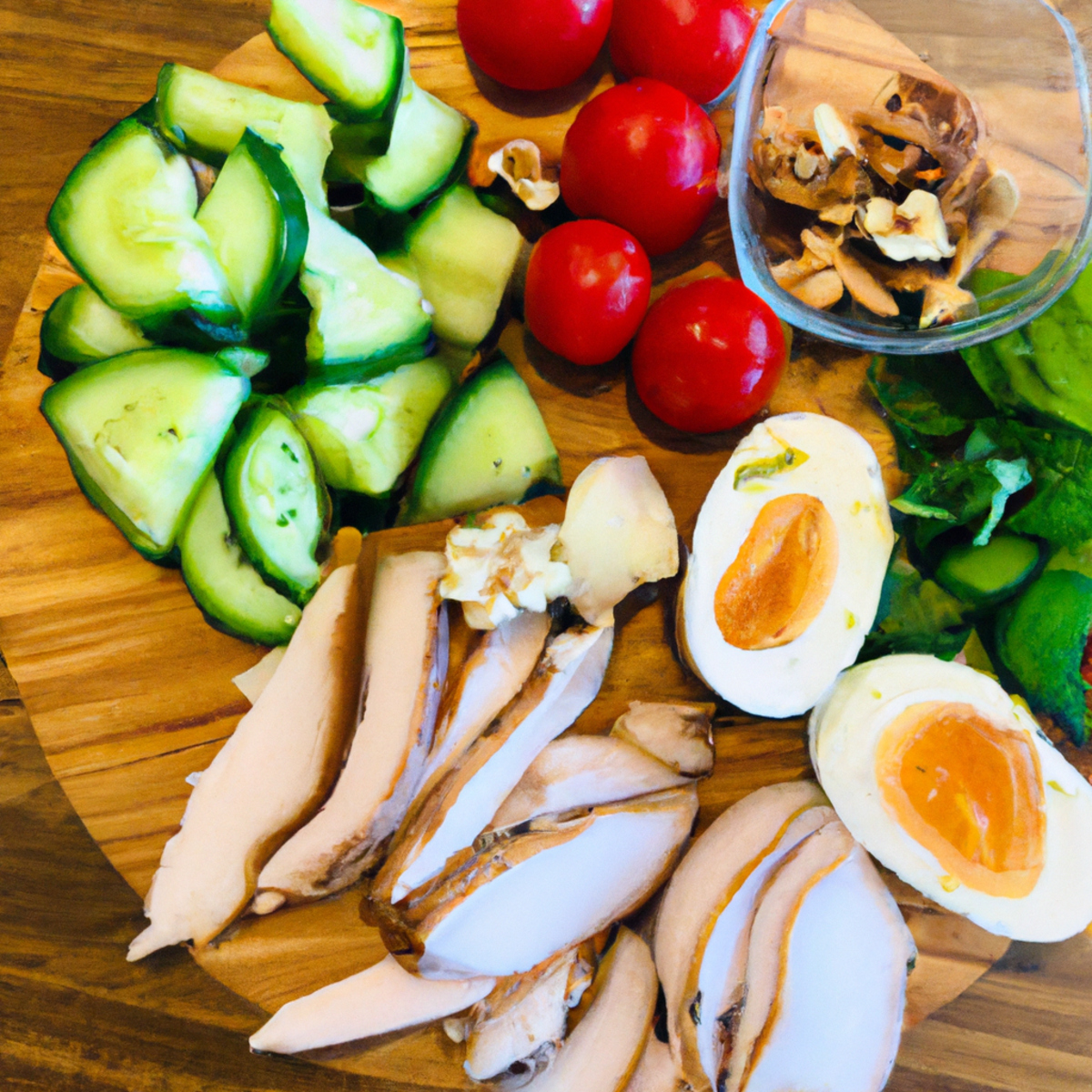 The photo features a wooden cutting board with various keto-friendly foods arranged in an artful display. Slices of avocado, hard-boiled eggs, and grilled chicken breast are interspersed with cherry tomatoes, cucumber rounds, and a handful of mixed nuts. A small dish of olive oil and balsamic vinegar sits nearby, ready to be drizzled over the salad. The vibrant colors and textures of the ingredients make the dish look both delicious and nutritious, a perfect fuel for a high-intensity workout.