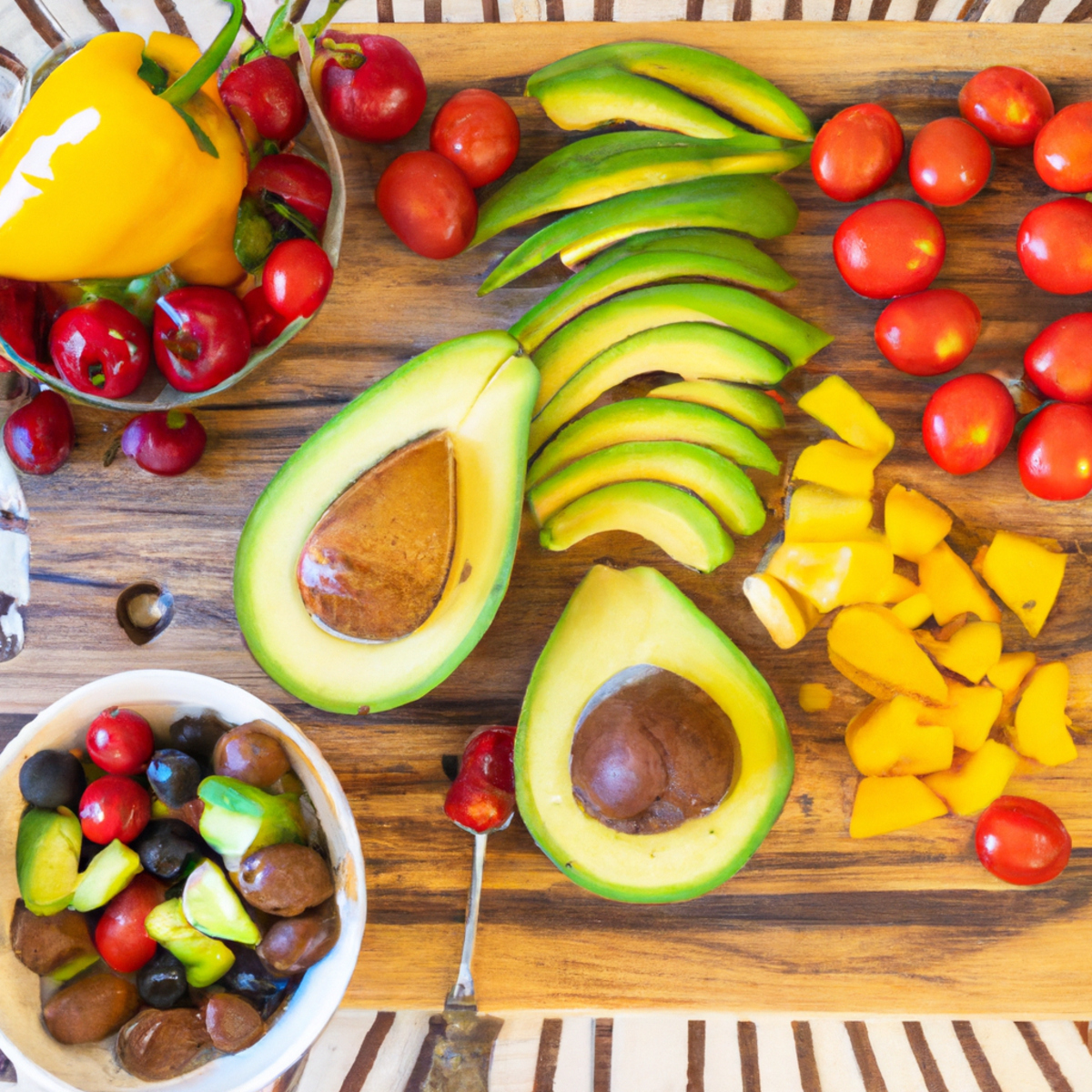The photo features a colorful array of superfoods arranged on a wooden cutting board. In the center of the photo is a ripe avocado, sliced in half to reveal its creamy green flesh. Surrounding the avocado are vibrant red and yellow bell peppers, sliced into thin strips, and a handful of juicy cherry tomatoes. A small bowl of mixed berries, including blueberries and raspberries, sits in the corner of the photo, adding a pop of purple and red to the scene. A sprig of fresh mint leaves is delicately placed on top of the avocado, adding a touch of greenery to the composition. The photo is expertly lit, with the natural colors of the superfoods shining through and making the viewer's mouth water in anticipation of the delicious and healthy meal that could be made with these ingredients.