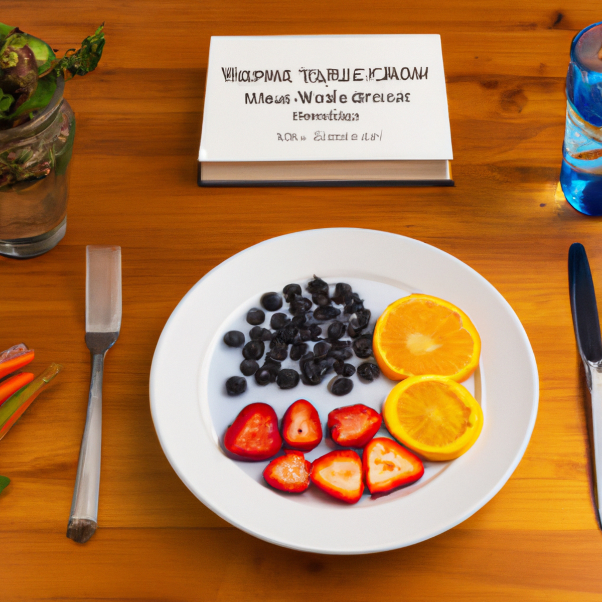 The photo shows a wooden table with a plate of food in the center. The plate contains a colorful assortment of fruits and vegetables, including sliced strawberries, blueberries, and carrots. A glass of water sits next to the plate, with a fork and knife placed neatly on either side. In the background, a book titled "The Science of Intermittent Fasting" is visible, along with a pair of reading glasses. The photo captures the essence of the article, highlighting the importance of healthy eating habits and the benefits of intermittent fasting for brain health.