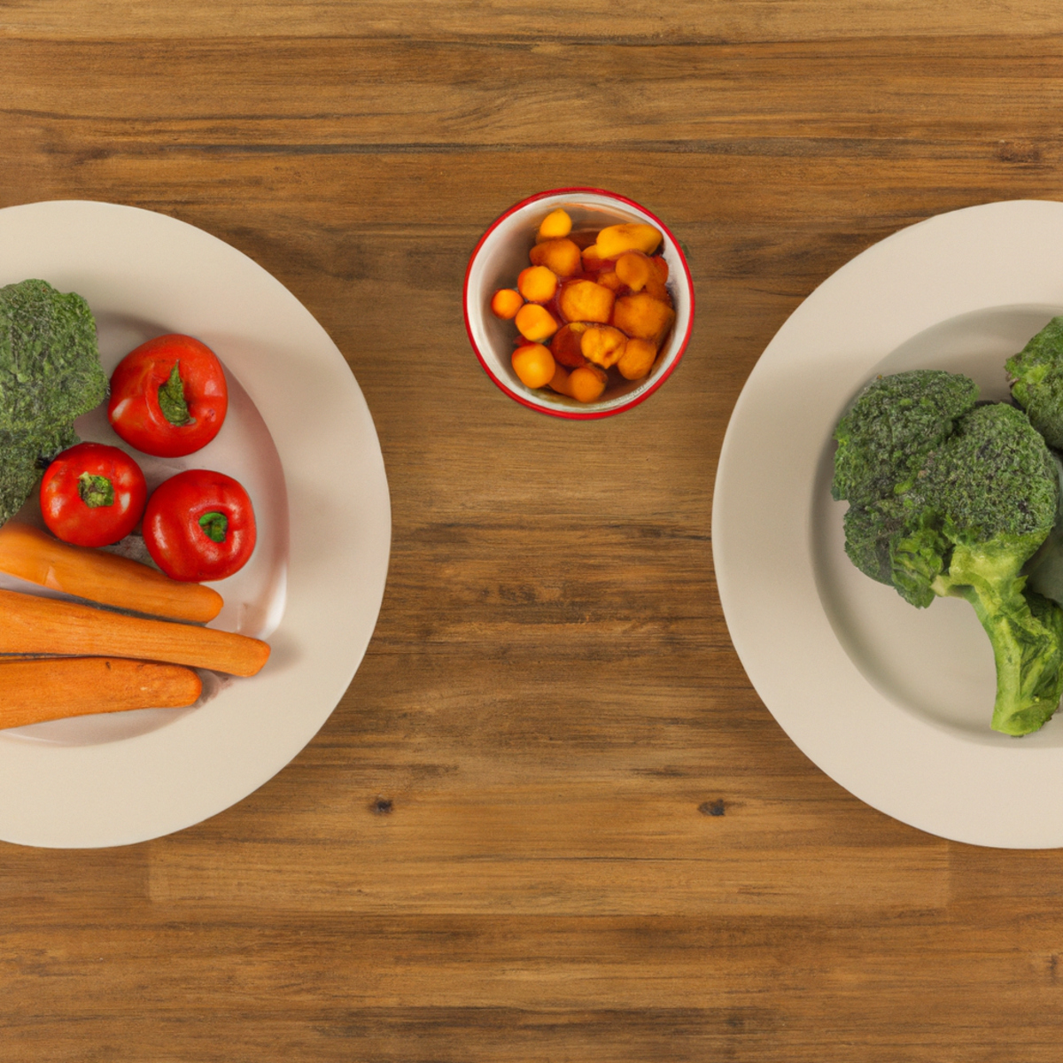 The photo shows a wooden table with two plates of food placed side by side. On the left plate, there are fresh vegetables like broccoli, carrots, and tomatoes, along with a bowl of mixed fruits. On the right plate, there are similar-looking vegetables and fruits, but they appear to be less vibrant and have a slightly duller color. The background of the photo is blurred, but it seems to be a grocery store or a farmer's market. The photo captures the essence of the article, highlighting the differences between organic and conventional foods in terms of their nutritional value.