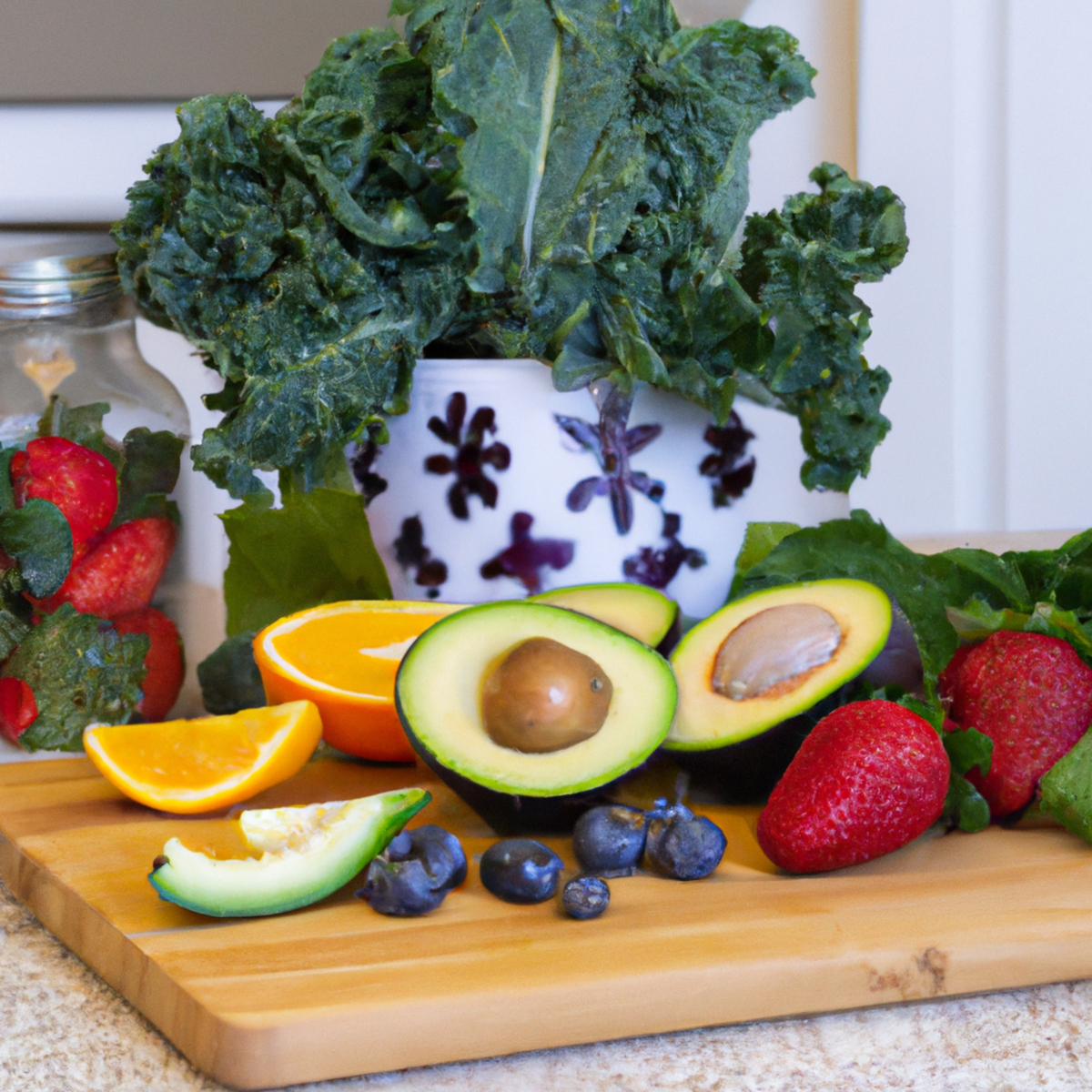The photo features a colorful array of organic fruits and vegetables arranged on a wooden cutting board. A ripe avocado, sliced into halves, sits next to a bunch of bright green kale leaves and a handful of juicy red strawberries. A cluster of plump blueberries and a sliced orange complete the vibrant display. In the background, a glass jar filled with chia seeds and a small bowl of almond butter can be seen, adding to the wholesome and nutritious theme of the photo. The image exudes a sense of freshness and vitality, perfectly capturing the essence of the article's focus on using organic foods to enhance workout performance.