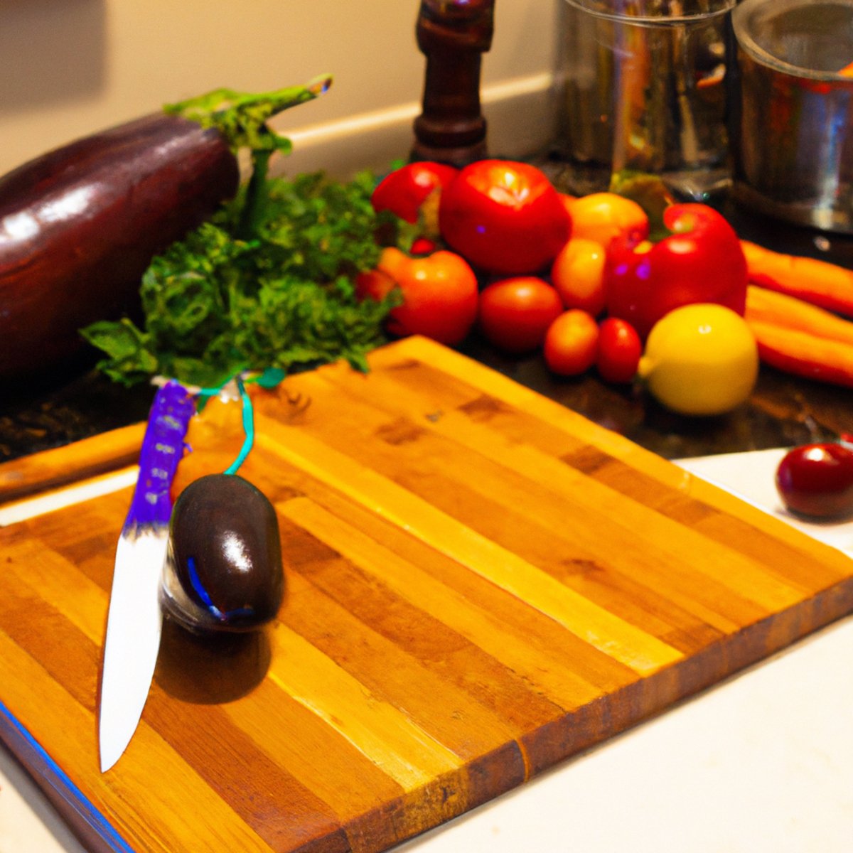 The photo features a wooden cutting board with a variety of colorful fruits and vegetables arranged neatly on top. A bright red tomato, a vibrant orange carrot, a deep purple eggplant, and a handful of leafy greens are just a few of the items on display. In the background, a few cooking utensils and a cookbook can be seen, hinting at the meal prep process. The lighting is natural and soft, highlighting the natural beauty of the produce. The overall effect is both appetizing and inspiring, encouraging readers to embrace plant-based eating for a healthier lifestyle.