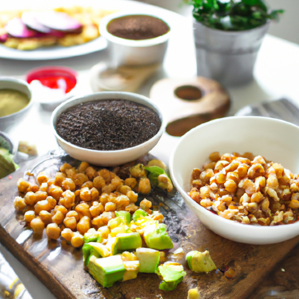 The photo captures a colorful array of plant-based protein sources, arranged neatly on a wooden cutting board. In the foreground, a handful of roasted chickpeas glisten with a light coating of olive oil and spices. Behind them, a pile of quinoa grains sits next to a bowl of sliced avocado, both offering a healthy dose of protein and healthy fats. A few slices of tofu are arranged in a fan shape, showcasing their versatility as a meat substitute. In the background, a bunch of leafy greens and a few bright red cherry tomatoes add a pop of color to the scene. The photo exudes a sense of freshness and vitality, inviting readers to explore the world of plant-based protein and all the delicious options it has to offer.
