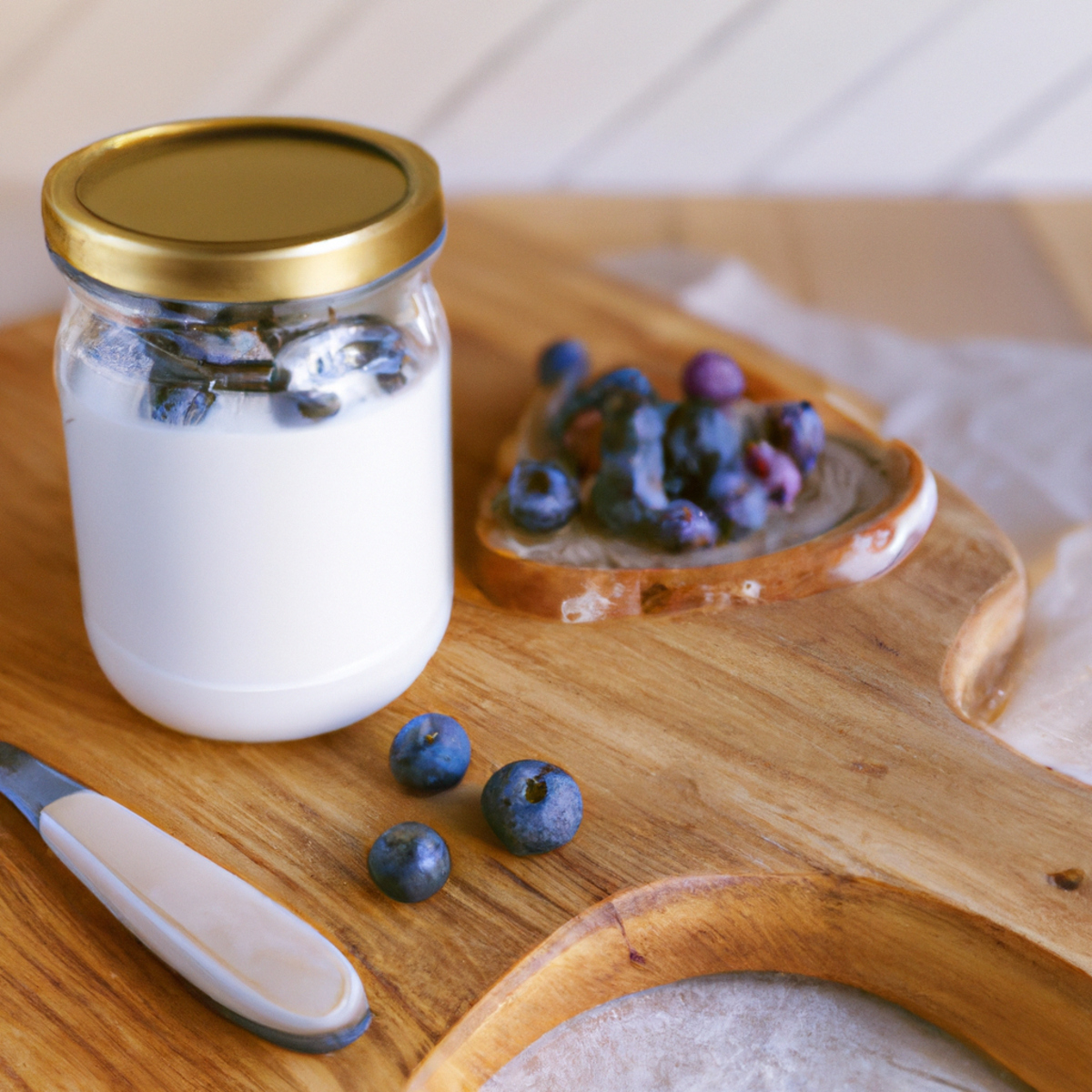 The photo shows a close-up of a glass jar filled with a creamy, white substance - probiotic yogurt. Next to it, there is a small bowl of blueberries and a spoon. In the background, there is a wooden cutting board with slices of whole grain bread and a knife. The composition suggests a healthy breakfast or snack, highlighting the importance of incorporating probiotics into one's diet for better gut health and overall well-being.