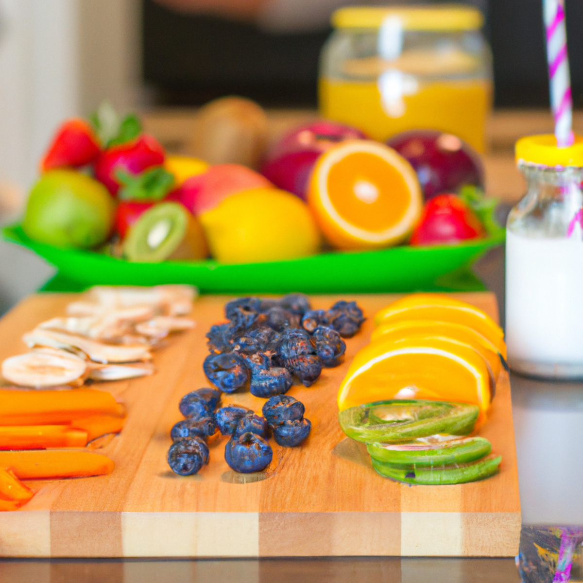 The photo depicts a close-up of a wooden cutting board with various colorful fruits and vegetables arranged in a neat row. Among the produce are sliced kiwis, strawberries, blueberries, and carrots. In the background, a glass jar filled with homemade yogurt sits on a kitchen counter. The vibrant colors of the fruits and vegetables suggest a healthy and balanced diet, while the jar of yogurt alludes to the importance of probiotics in maintaining gut health. The photo captures the essence of the article's message: that a diet rich in probiotics and whole foods can play a crucial role in preventing and managing diseases.
