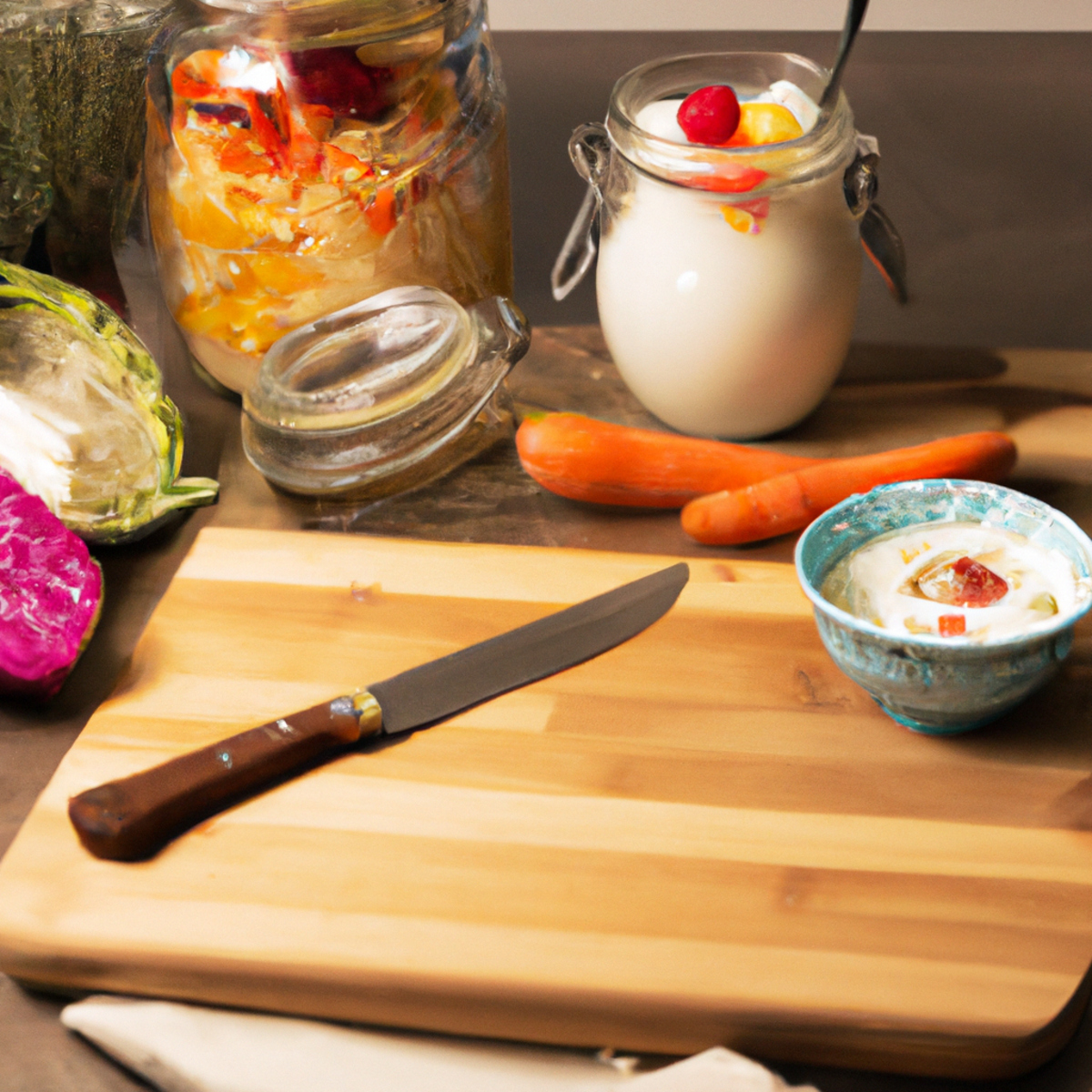 The photo depicts a wooden cutting board with a variety of colorful fruits and vegetables arranged in a visually appealing manner. In the foreground, there is a glass jar filled with homemade yogurt, and next to it, a small dish of sauerkraut. The background shows a few kitchen utensils, including a knife and a wooden spoon. The overall composition of the photo suggests a focus on healthy eating and the importance of incorporating probiotics into one's daily routine for optimal gut health.