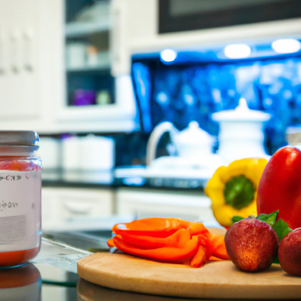 The photo features a wooden cutting board with a variety of colorful fruits and vegetables, including sliced bell peppers, carrots, and strawberries. In the foreground, a glass jar of homemade sauerkraut sits next to a small dish of Greek yogurt. The background is blurred, but hints of a kitchen can be seen, with a stainless steel refrigerator and a wooden countertop. The overall impression is one of health and vitality, with the vibrant colors of the produce and the natural, wholesome feel of the setting.
