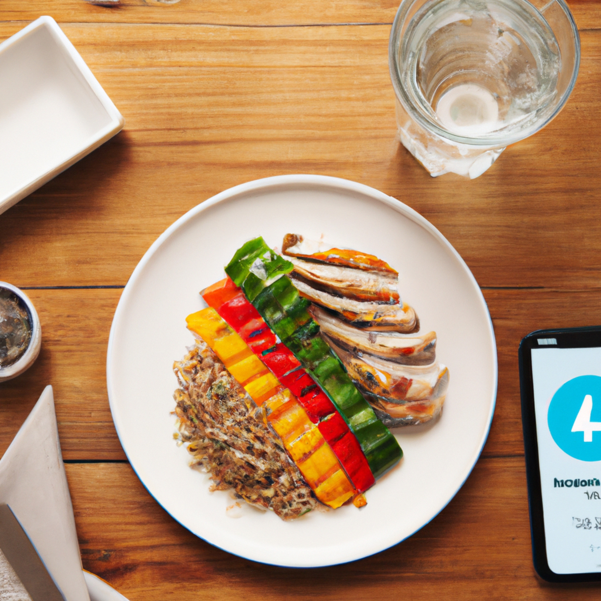 The photo shows a wooden table with a plate of food, a glass of water, and a smartphone displaying a timer app. The plate contains a healthy meal of grilled chicken, roasted vegetables, and quinoa. The portion size is moderate and the plate is colorful, indicating a balanced diet. The glass of water is a reminder to stay hydrated during the fasting period. The timer app on the smartphone suggests that the person is following a specific intermittent fasting schedule. The photo conveys the idea that intermittent fasting can be a healthy and sustainable way to manage weight and improve overall health.