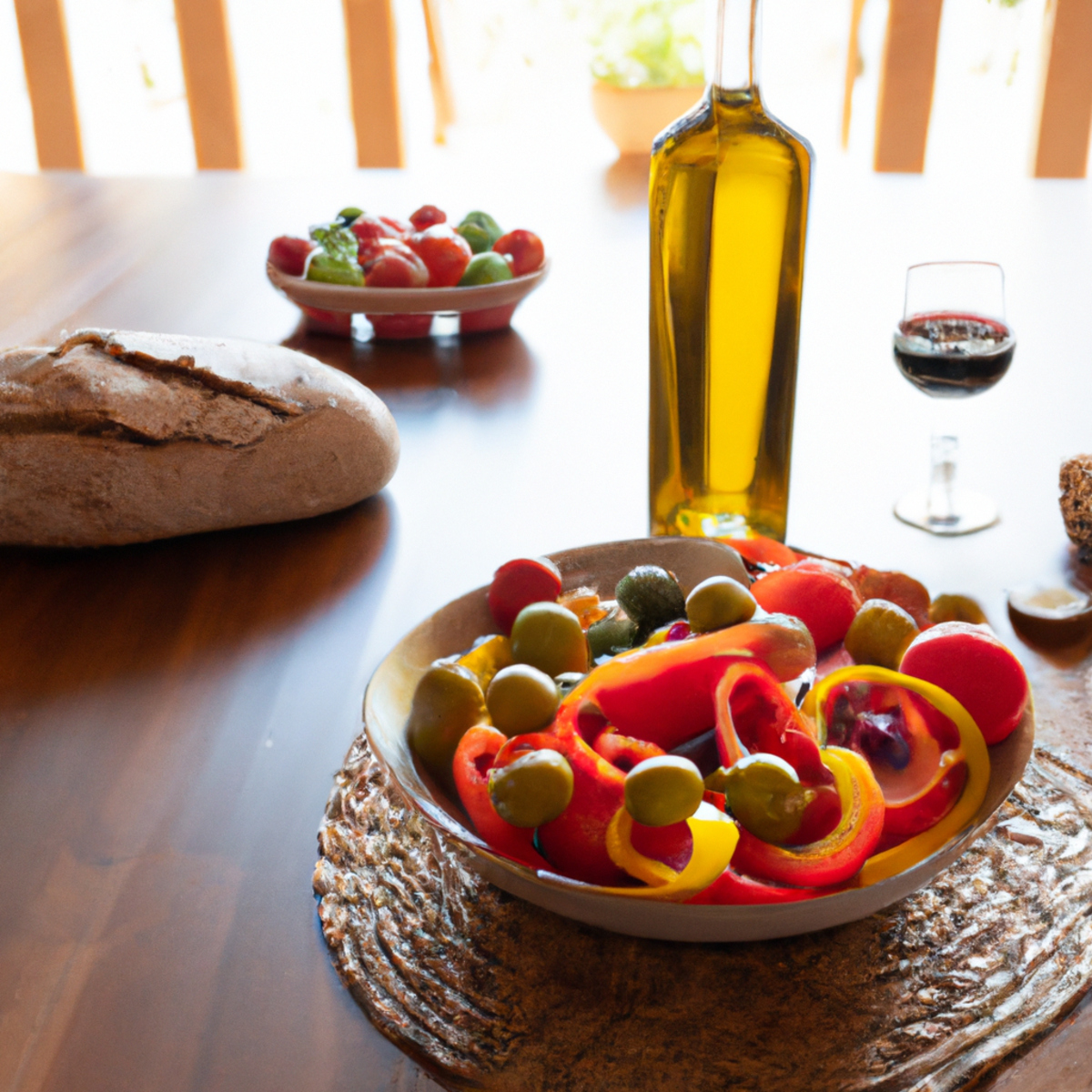 The photo depicts a wooden table with a plate of colorful vegetables, including tomatoes, cucumbers, and bell peppers, arranged in a circular pattern. Next to the plate is a small bowl of olives and a glass of red wine. In the background, a loaf of crusty bread and a bottle of olive oil can be seen. The natural lighting highlights the vibrant colors of the vegetables and the rustic texture of the wooden table, evoking a sense of warmth and simplicity. This lifelike photo perfectly captures the essence of the Mediterranean diet and its emphasis on fresh, whole foods.
