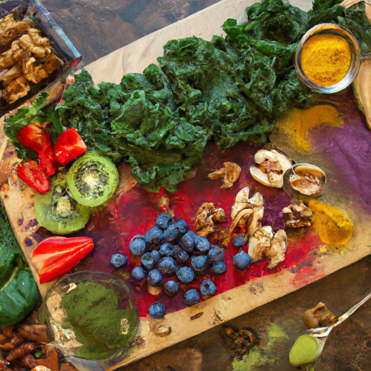 The photo features a wooden cutting board with an array of colorful superfoods arranged in an artful display. Bright red strawberries, deep blueberries, and vibrant green kale leaves are interspersed with creamy avocado slices and crunchy walnuts. A small dish of golden turmeric powder and a jar of rich, dark honey complete the scene. The composition is both visually appealing and enticing, inviting readers to explore the article's suggestions for incorporating these brain-boosting superfoods into their diets.