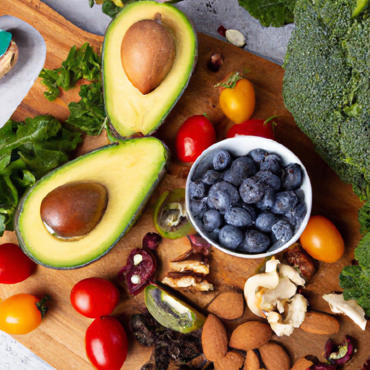 The photo features a colorful array of superfoods arranged on a wooden cutting board. In the center of the photo, a ripe avocado is sliced in half, revealing its creamy green flesh and large pit. Surrounding the avocado are vibrant red and yellow cherry tomatoes, crisp green kale leaves, and plump blueberries. A handful of raw almonds and walnuts are scattered around the edges of the board, adding a crunchy texture to the mix. The photo captures the freshness and variety of superfoods, enticing readers to incorporate these nutrient-rich ingredients into their diets for a healthier lifestyle.