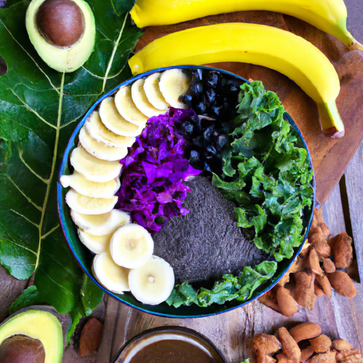 The photo features a wooden table with an assortment of colorful superfoods arranged in an aesthetically pleasing manner. A bright yellow banana sits next to a deep purple bowl filled with antioxidant-rich blueberries. A handful of nutrient-dense almonds are scattered around a small dish of creamy avocado slices. A vibrant green kale leaf peeks out from behind a juicy red apple. The overall composition of the photo exudes a sense of health and vitality, inviting the viewer to indulge in these stress-relieving superfoods.