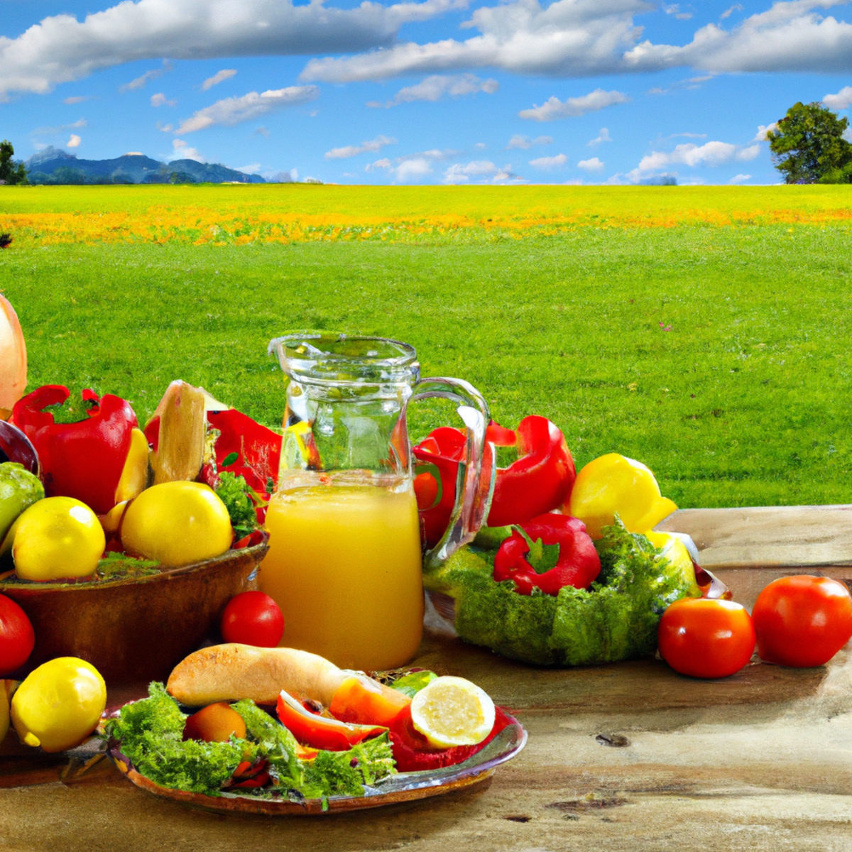 The photo captures a rustic wooden table adorned with an array of colorful fruits and vegetables, including plump tomatoes, crisp lettuce, and vibrant bell peppers. A woven basket filled with freshly picked apples sits in the center, while a pitcher of homemade lemonade and a loaf of crusty bread complete the scene. In the background, a lush green field stretches out, hinting at the source of these delicious and nutritious foods. The image exudes a sense of wholesome goodness and highlights the benefits of choosing locally grown, organic produce.