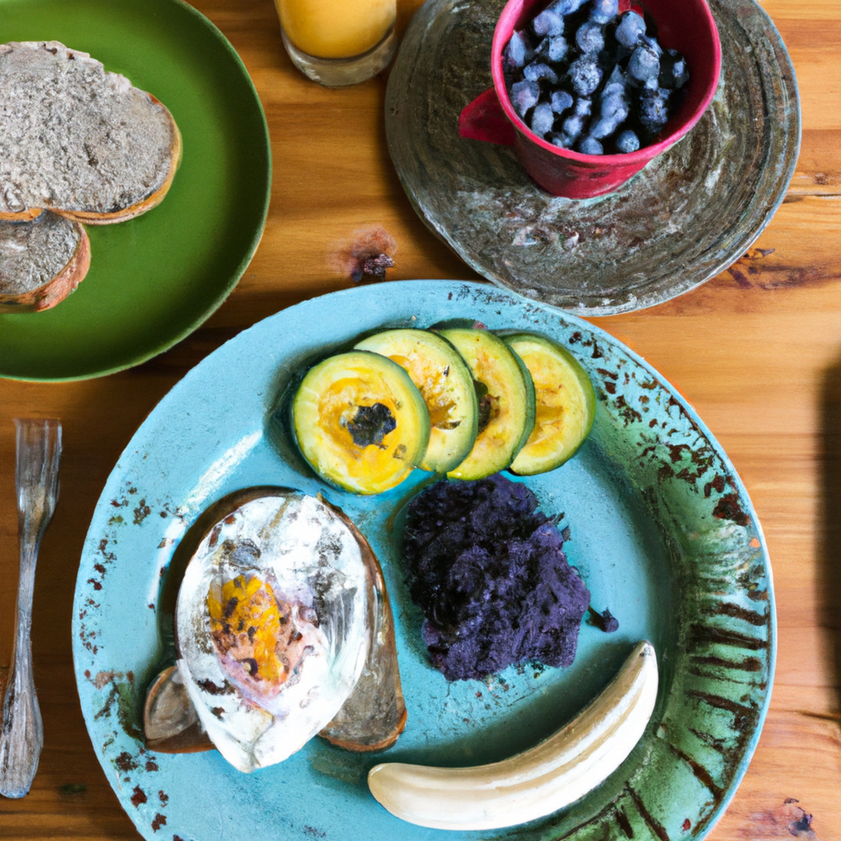 The photo shows a colorful array of functional foods arranged on a wooden table. In the center of the frame, there is a bowl of blueberries, surrounded by sliced bananas, almonds, and chia seeds. A glass of green smoothie sits on the left side of the table, while a plate of avocado toast with a poached egg is on the right. The background is blurred, but hints of a gym or fitness studio can be seen, suggesting that these foods are meant to be consumed before or after a workout. The photo captures the vibrant colors and textures of the foods, making them look both appetizing and energizing.