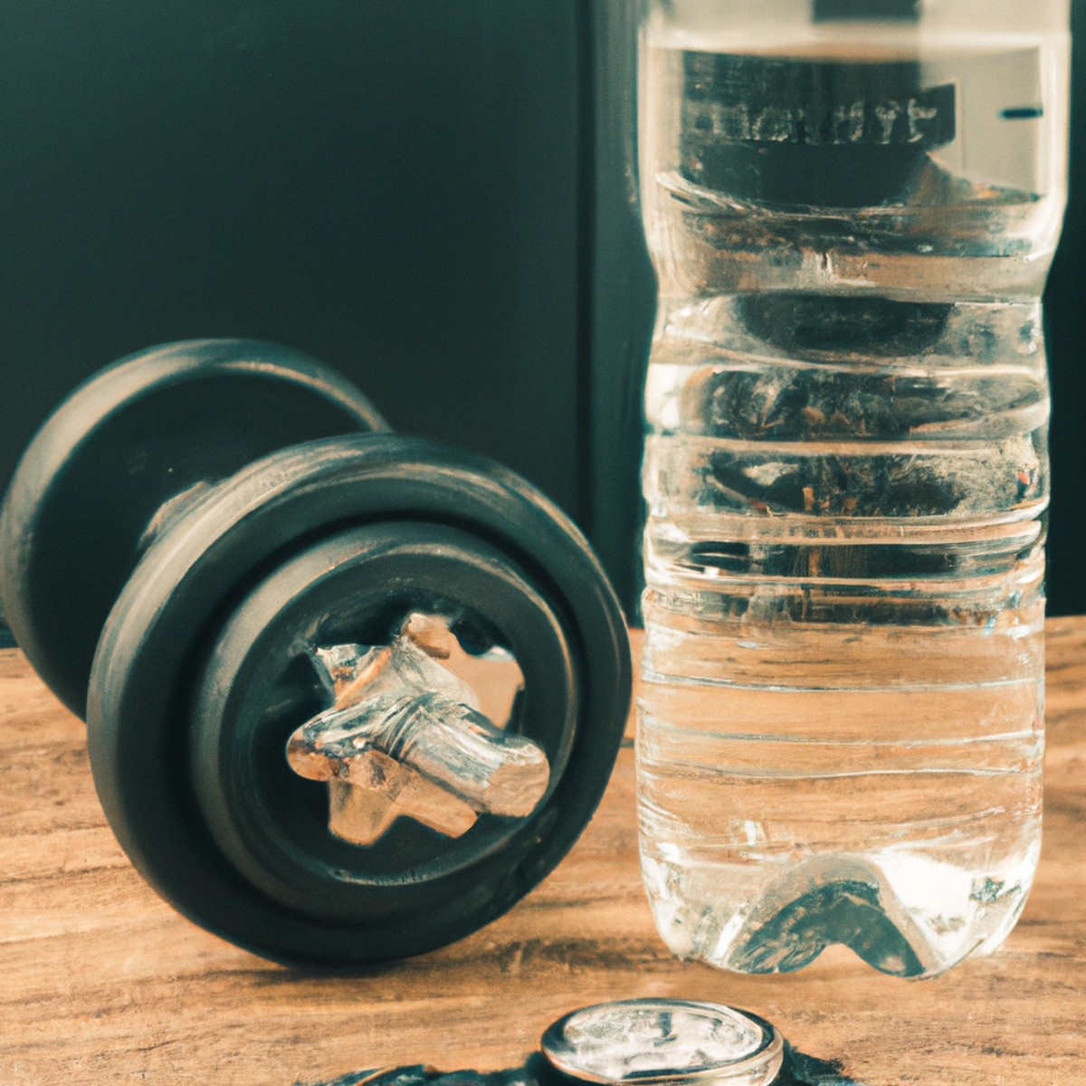The photo shows a sleek black fitness watch placed on top of a wooden table, next to a set of silver dumbbells and a glass of water. The watch face displays the time and a progress bar indicating the user's fasting period. The dumbbells are positioned neatly, with the weight plates facing outward. The glass of water is half-full, with droplets of condensation on the outside. The lighting is bright and natural, casting a soft shadow of the watch and dumbbells on the table. The photo captures the essence of the article, emphasizing the importance of timing workouts and fasting for optimal health and fitness.##Intermittent fasting