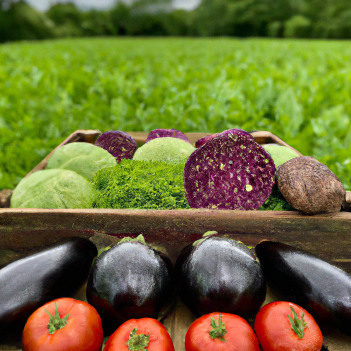 The photo depicts a colorful array of fresh produce, including vibrant red tomatoes, leafy green lettuce, and plump purple eggplants, arranged in a rustic wooden crate. In the background, a lush green field stretches out, dotted with rows of crops and a few grazing cows. The image captures the essence of sustainable farming, showcasing the beauty and abundance of organic foods while highlighting the importance of protecting the environment for future generations.