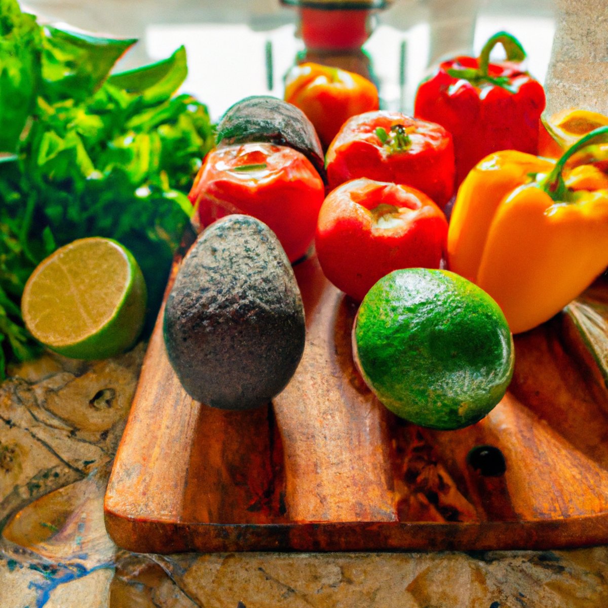 The photo depicts a wooden cutting board with a variety of colorful fruits and vegetables arranged neatly on top. A ripe avocado, juicy tomatoes, crisp bell peppers, and leafy greens are just a few of the items on display. The vibrant colors and textures of the produce are highlighted by the natural light streaming in from a nearby window. In the background, a glass jar filled with grains and a small bottle of olive oil can be seen, emphasizing the importance of whole foods and healthy fats in a balanced diet. The overall effect is both appetizing and informative, encouraging readers to make the switch to organic foods for better digestive health.