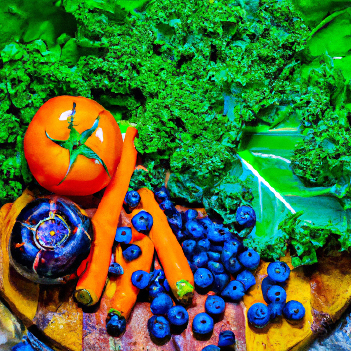 The photo depicts a wooden cutting board with an assortment of colorful fruits and vegetables arranged in an artful display. A ripe red tomato sits next to a bunch of vibrant green kale leaves, while a cluster of bright orange carrots and a handful of plump blueberries complete the scene. The natural textures and hues of the produce are highlighted by the soft lighting, making the viewer feel as though they could reach out and pluck a piece of fresh produce from the board. The image perfectly captures the essence of the article's message about the importance of incorporating organic foods into one's diet for optimal health and wellness.